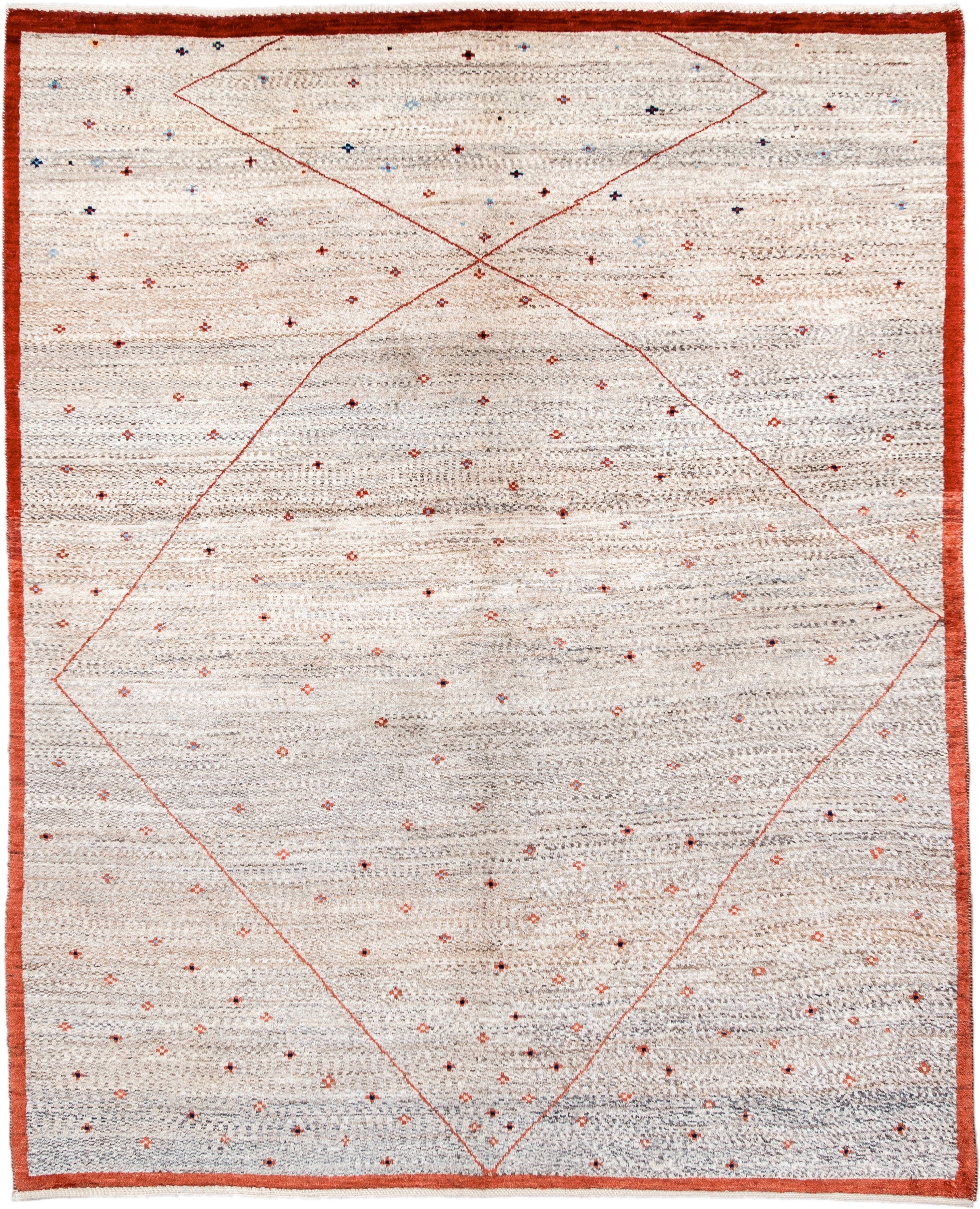 5' x 6' one-of-a-kind handmade vintage Gabbe rug. Color palette: ivory, rust, taupe, charcoal, navy, coral, terracotta