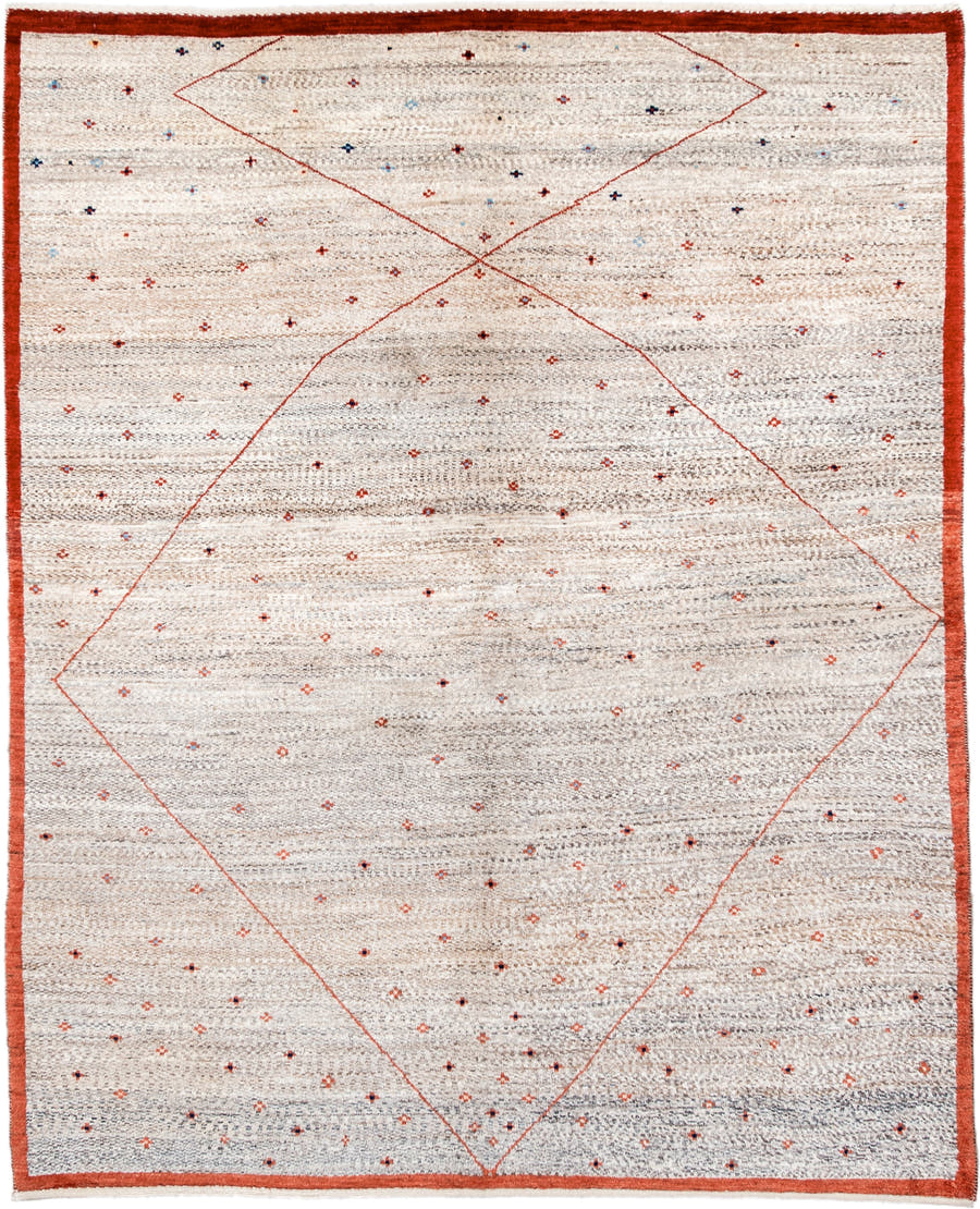 5' x 6' one-of-a-kind handmade vintage Gabbe rug. Color palette: ivory, rust, taupe, charcoal, navy, coral, terracotta