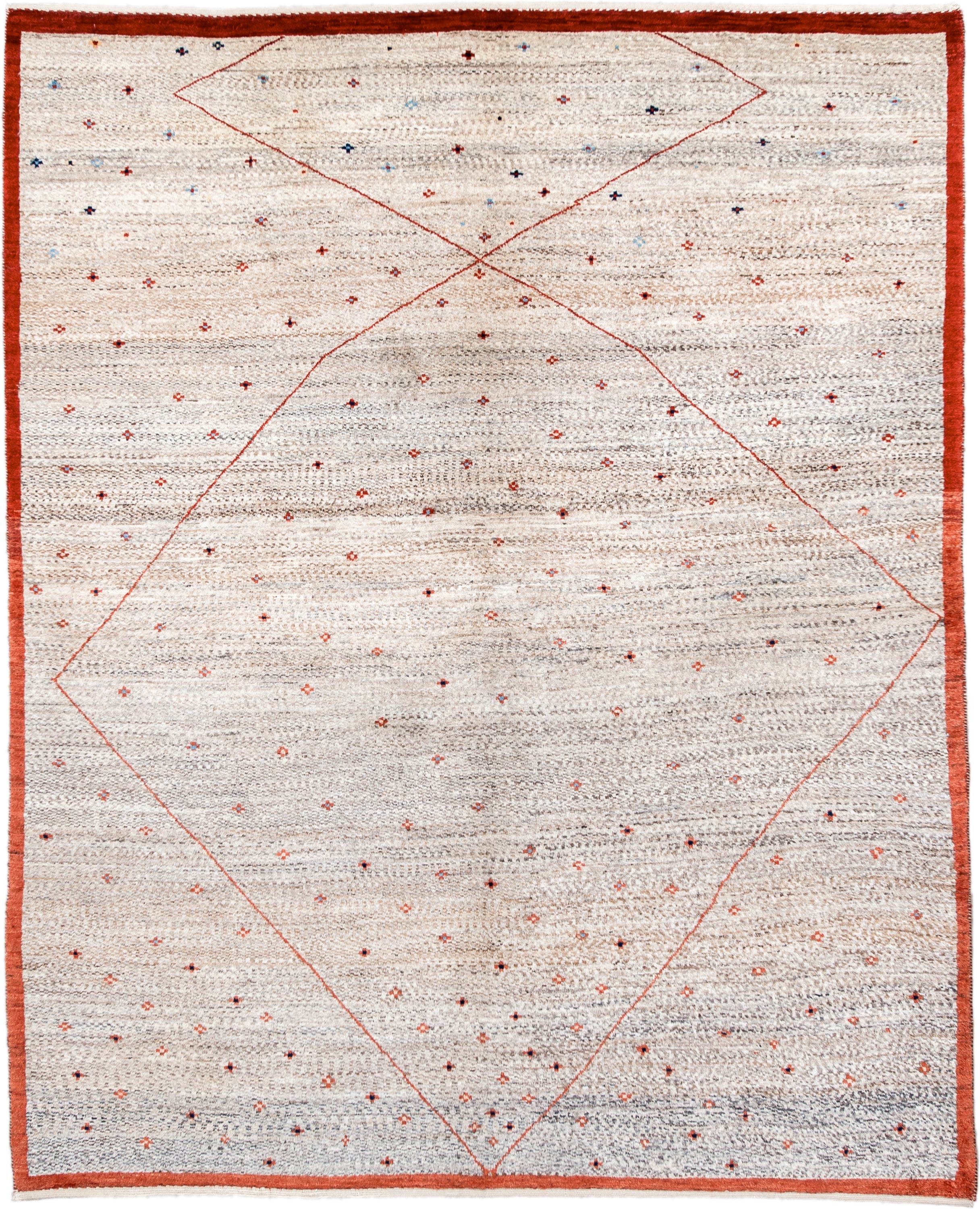 5' x 6' one-of-a-kind handmade vintage Gabbe rug. Color palette: ivory, rust, taupe, charcoal, navy, coral, terracotta