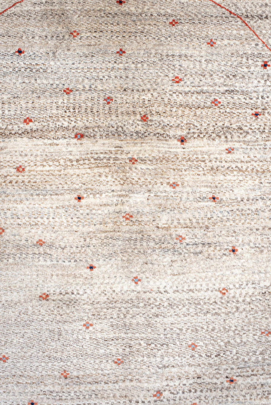 5' x 6' one-of-a-kind handmade vintage Gabbe rug. Color palette: ivory, rust, taupe, charcoal, navy, coral, terracotta