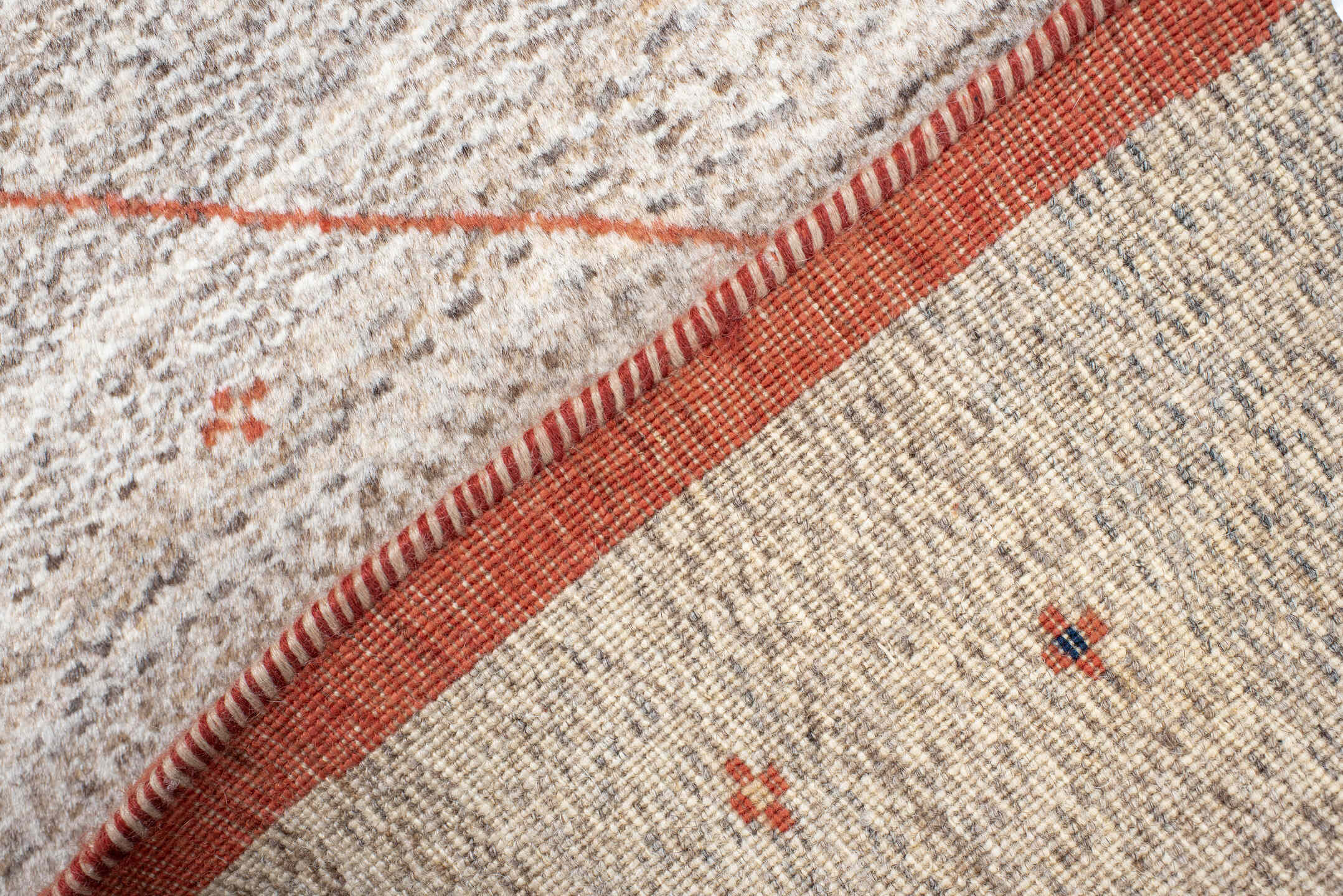 5' x 6' one-of-a-kind handmade vintage Gabbe rug. Color palette: ivory, rust, taupe, charcoal, navy, coral, terracotta