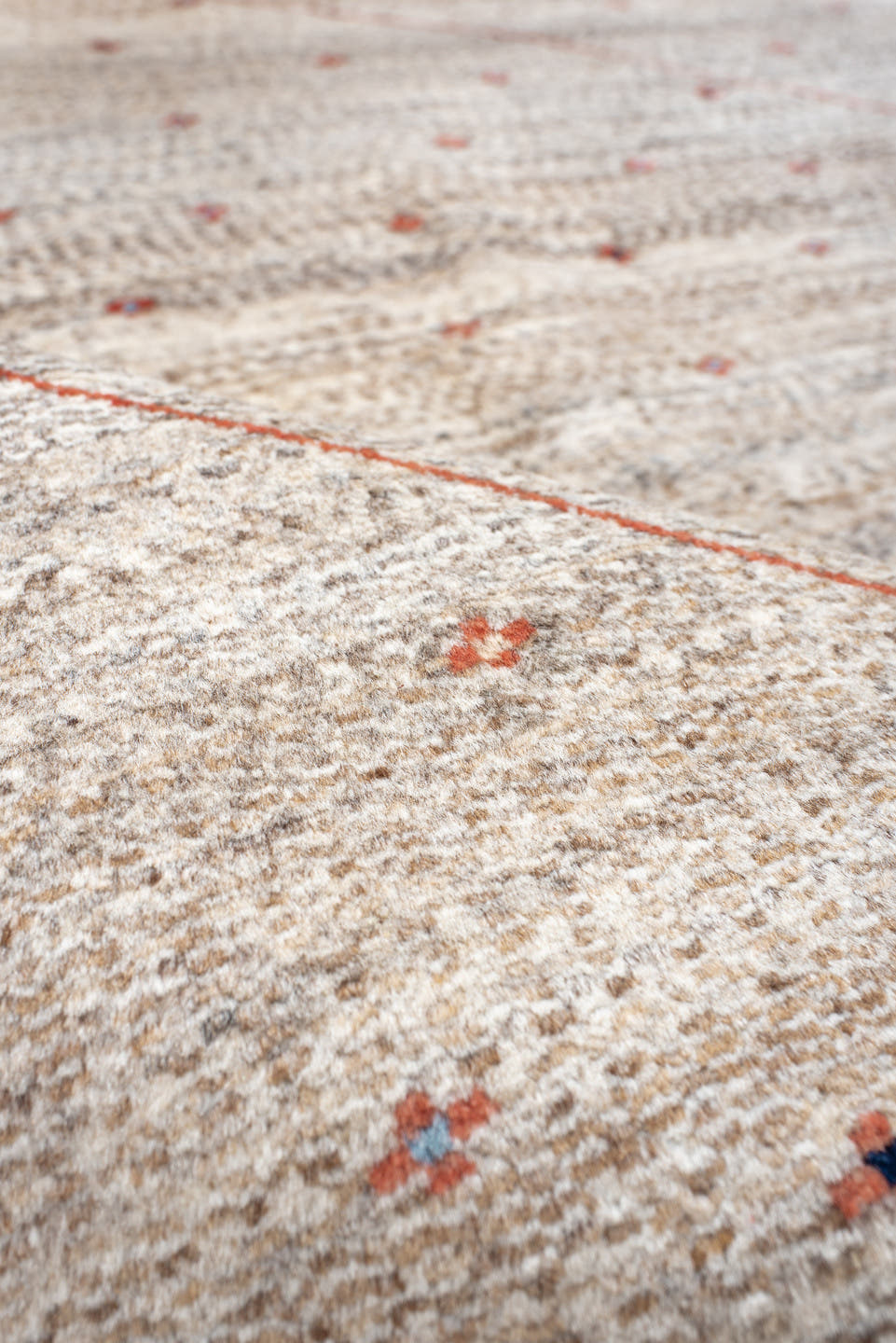 5' x 6' one-of-a-kind handmade vintage Gabbe rug. Color palette: ivory, rust, taupe, charcoal, navy, coral, terracotta