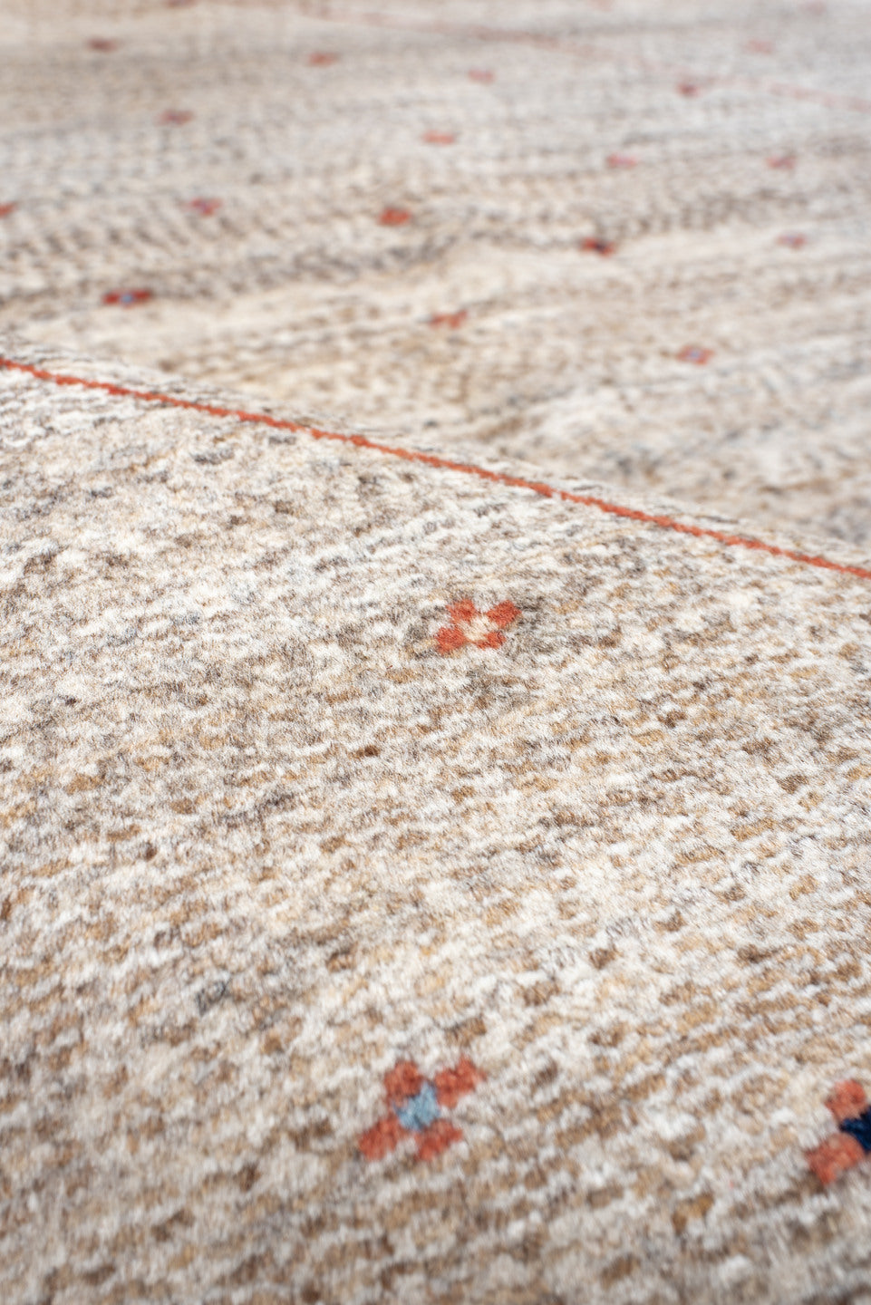 5' x 6' one-of-a-kind handmade vintage Gabbe rug. Color palette: ivory, rust, taupe, charcoal, navy, coral, terracotta