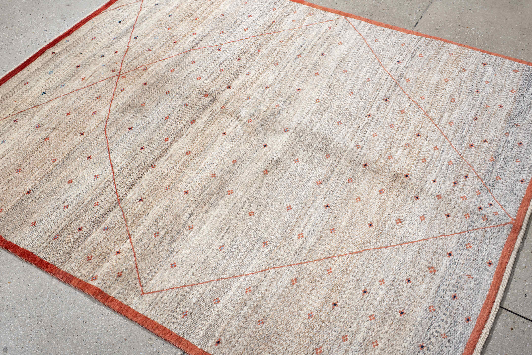 5' x 6' one-of-a-kind handmade vintage Gabbe rug. Color palette: ivory, rust, taupe, charcoal, navy, coral, terracotta
