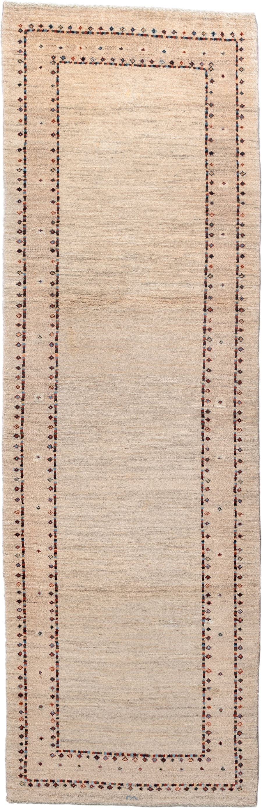 2' x 8' one-of-a-kind handmade vintage Gabbe runner rug. Color palette: ivory, cream, taupe, rust, navy, blue gray, beige