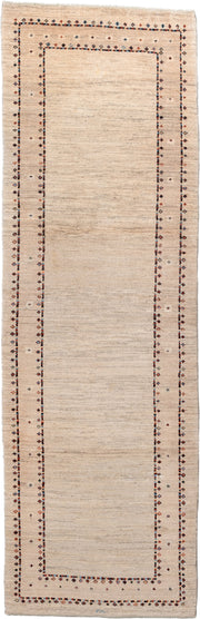 2' x 8' one-of-a-kind handmade vintage Gabbe runner rug. Color palette: ivory, cream, taupe, rust, navy, blue gray, beige