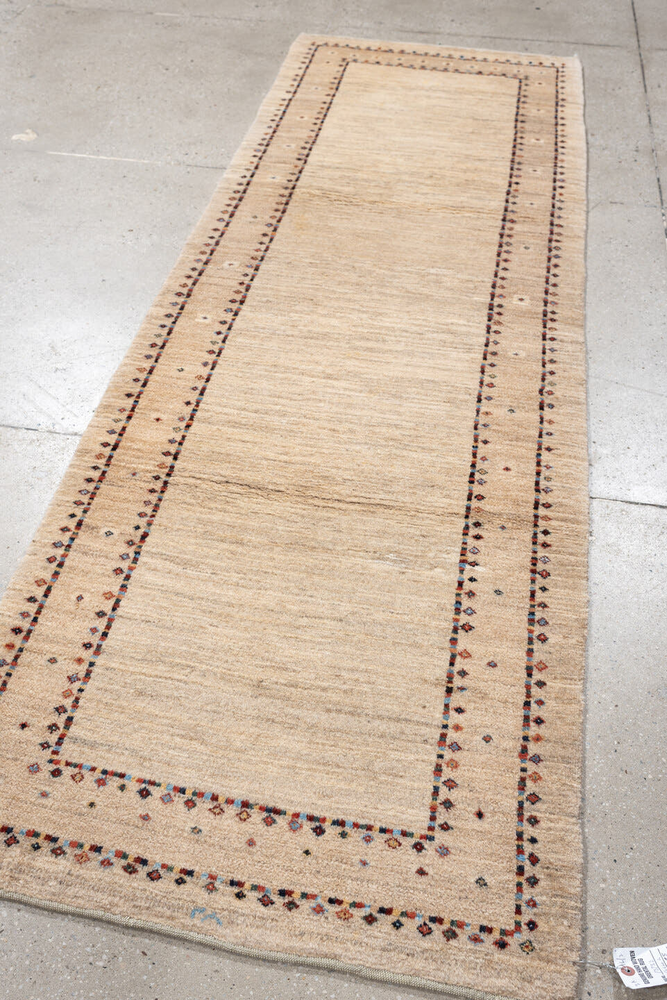 2' x 8' one-of-a-kind handmade vintage Gabbe runner rug. Color palette: ivory, cream, taupe, rust, navy, blue gray, beige