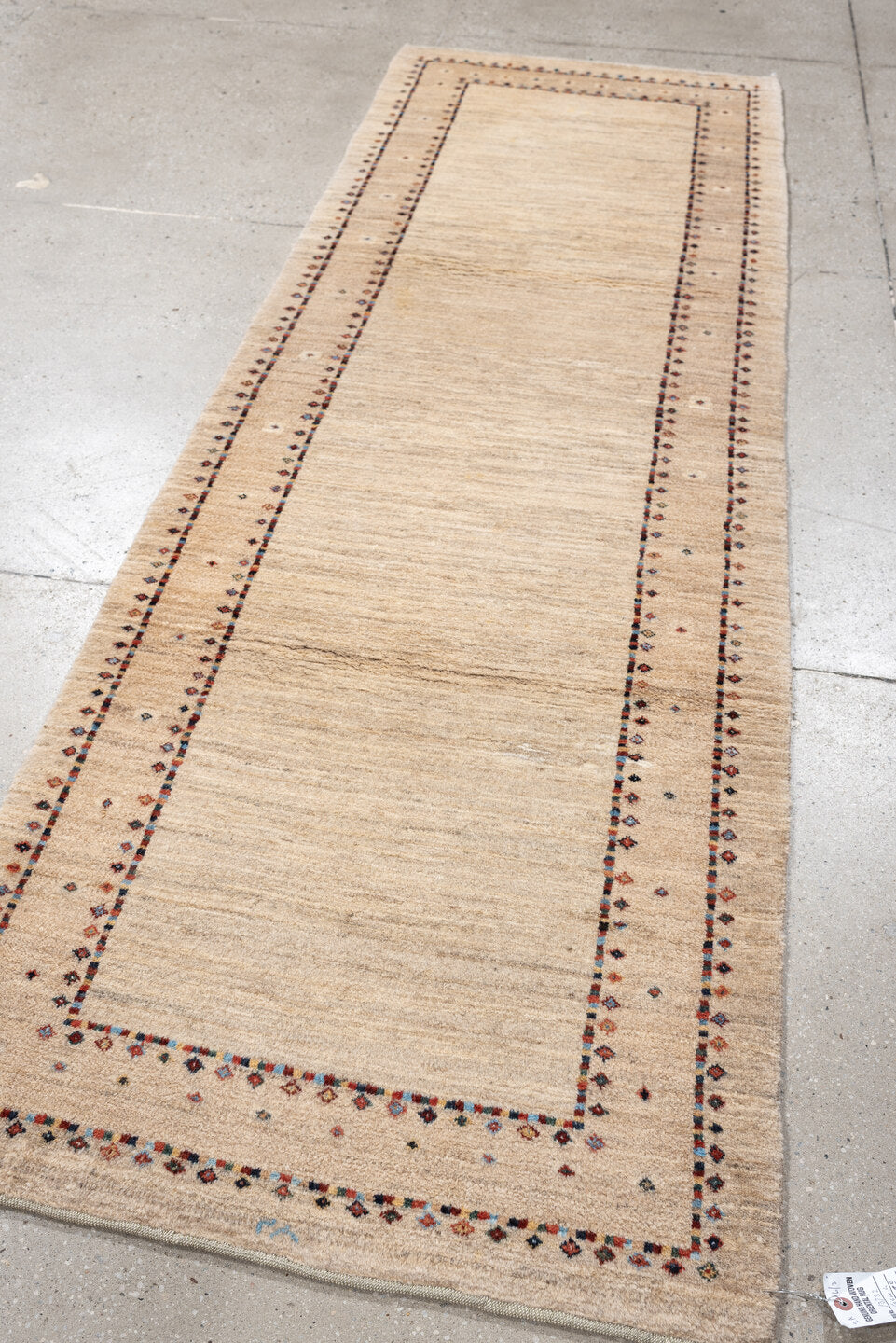 2' x 8' one-of-a-kind handmade vintage Gabbe runner rug. Color palette: ivory, cream, taupe, rust, navy, blue gray, beige