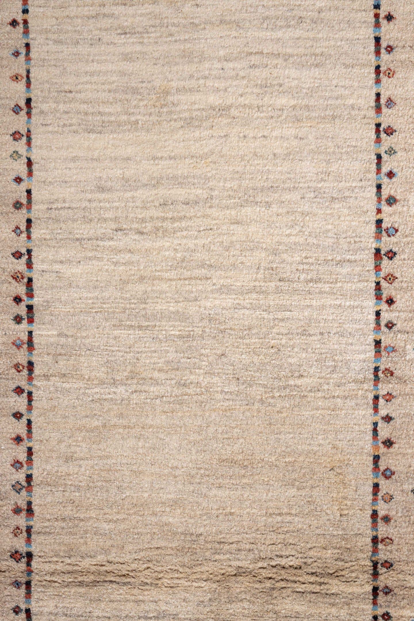 2' x 8' one-of-a-kind handmade vintage Gabbe runner rug. Color palette: ivory, cream, taupe, rust, navy, blue gray, beige