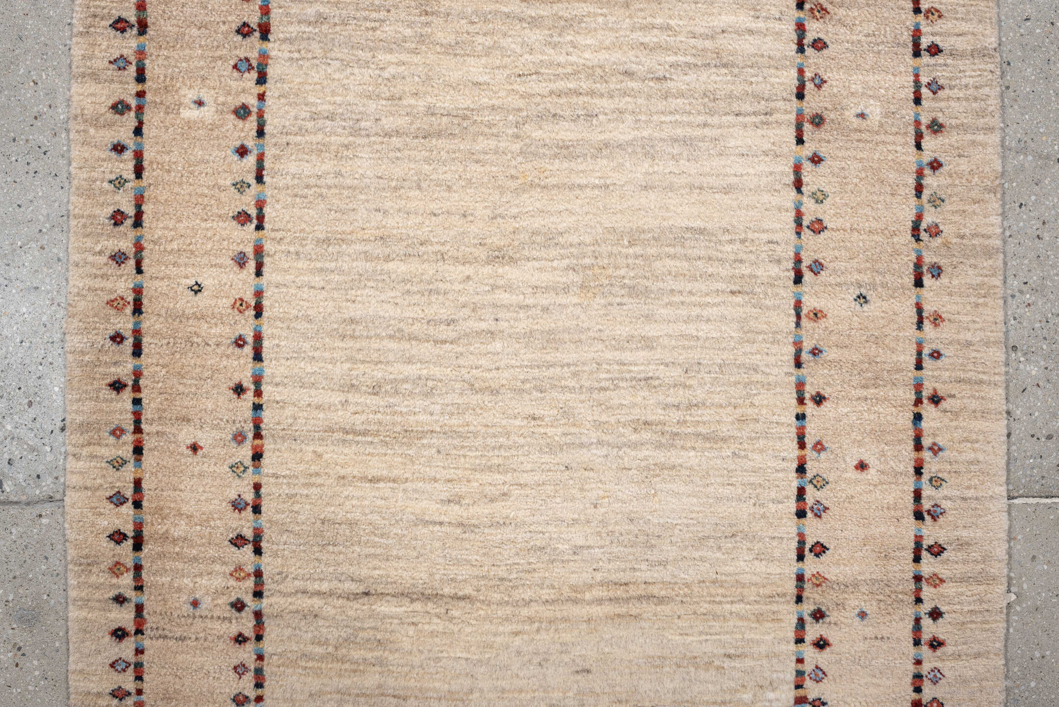 2' x 8' one-of-a-kind handmade vintage Gabbe runner rug. Color palette: ivory, cream, taupe, rust, navy, blue gray, beige