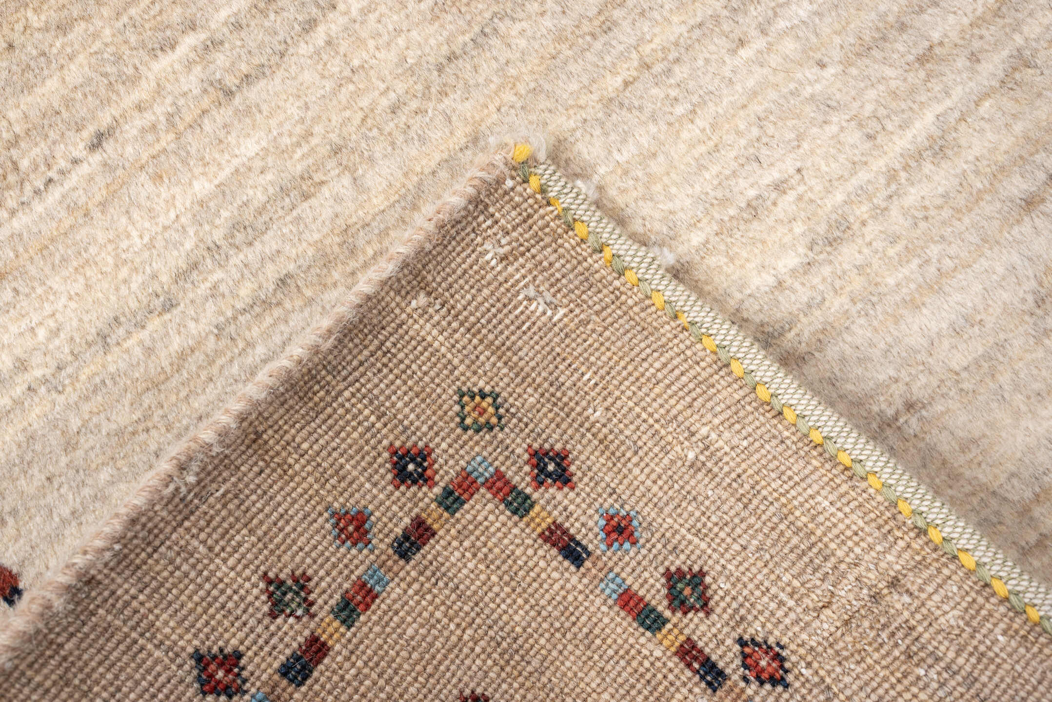 2' x 8' one-of-a-kind handmade vintage Gabbe runner rug. Color palette: ivory, cream, taupe, rust, navy, blue gray, beige