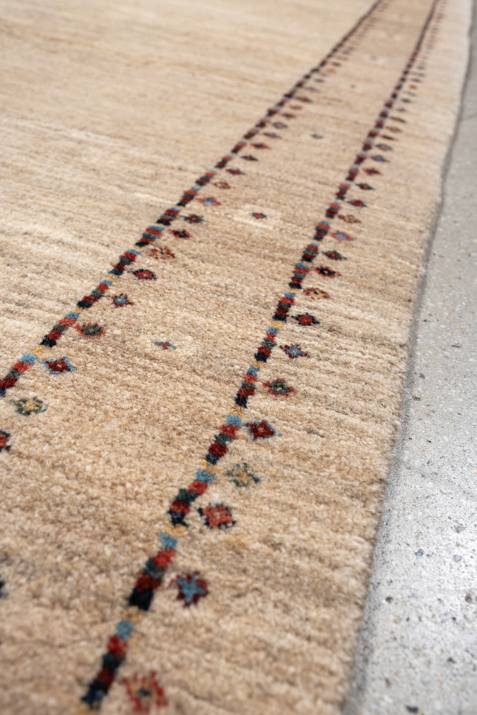 2' x 8' one-of-a-kind handmade vintage Gabbe runner rug. Color palette: ivory, cream, taupe, rust, navy, blue gray, beige
