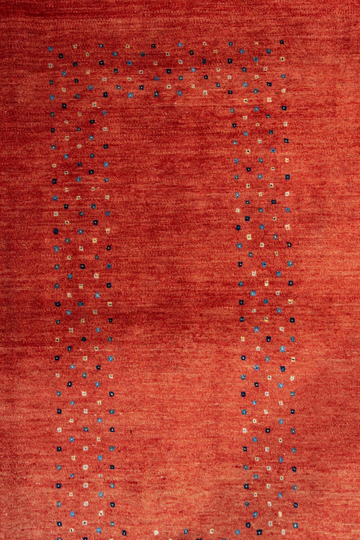 3' x 5' one-of-a-kind handmade vintage Gabbe small size rug. Color palette: terra cotta, navy, ivory, sky blue, rust