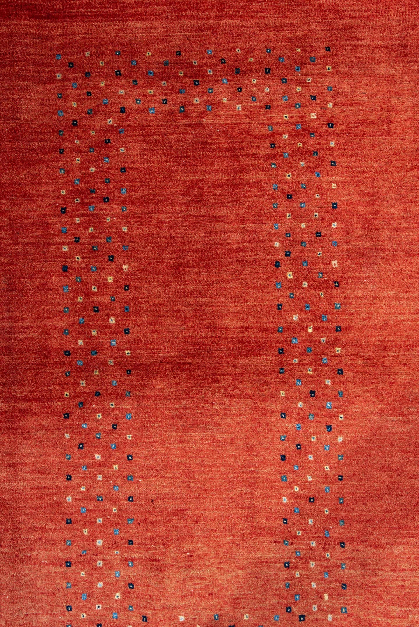 3' x 5' one-of-a-kind handmade vintage Gabbe small size rug. Color palette: terra cotta, navy, ivory, sky blue, rust