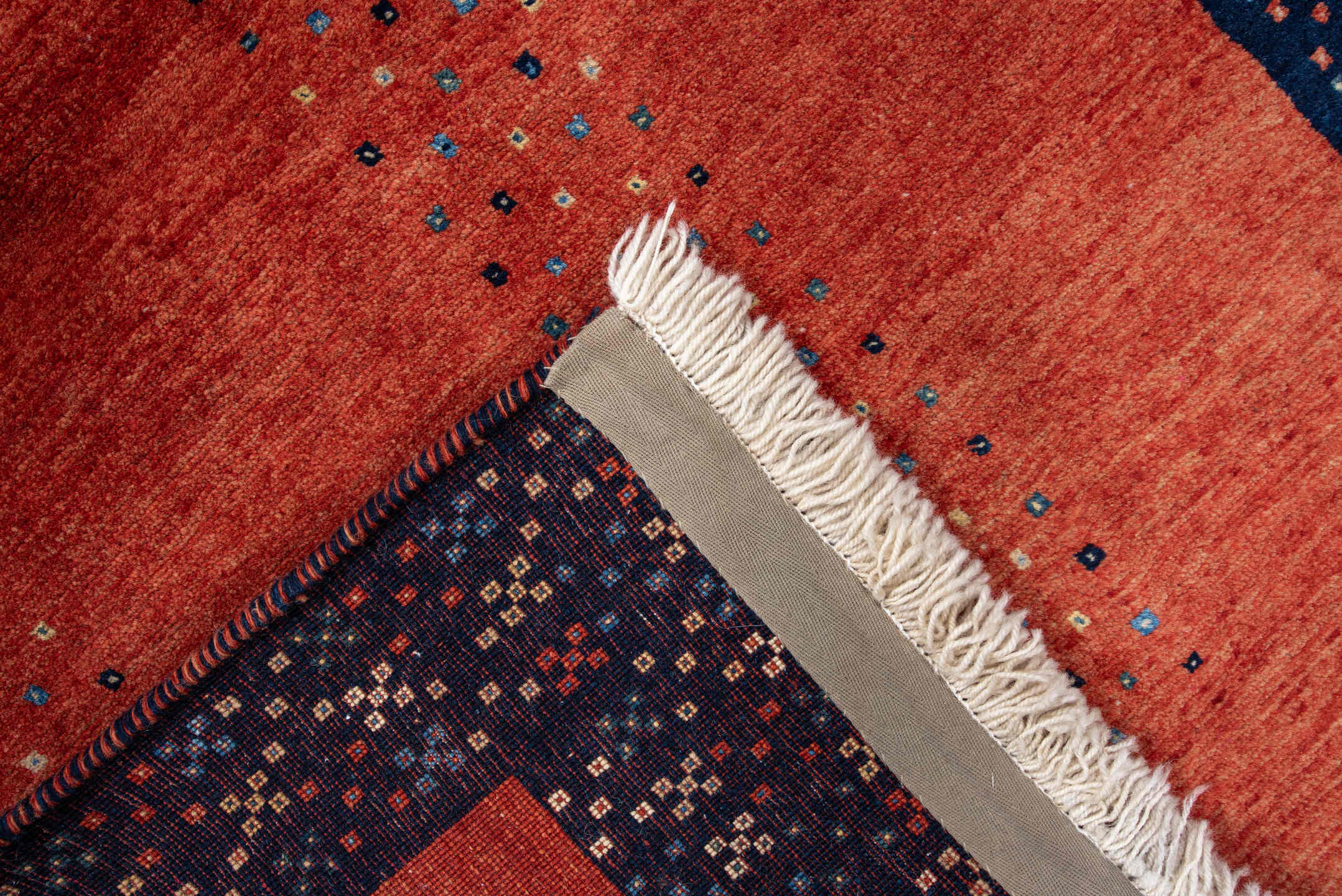 3' x 5' one-of-a-kind handmade vintage Gabbe small size rug. Color palette: terra cotta, navy, ivory, sky blue, rust