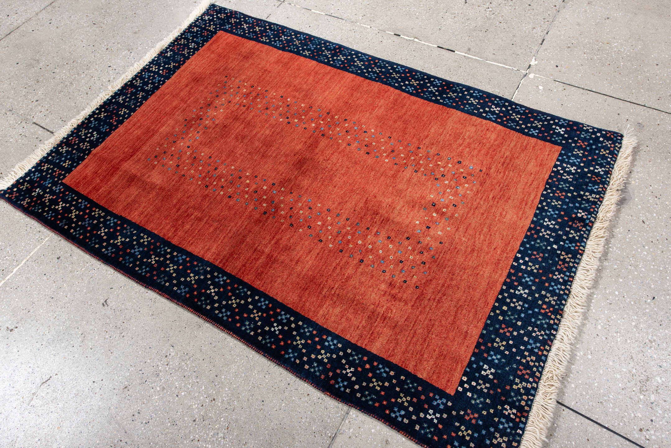 3' x 5' one-of-a-kind handmade vintage Gabbe small size rug. Color palette: terra cotta, navy, ivory, sky blue, rust