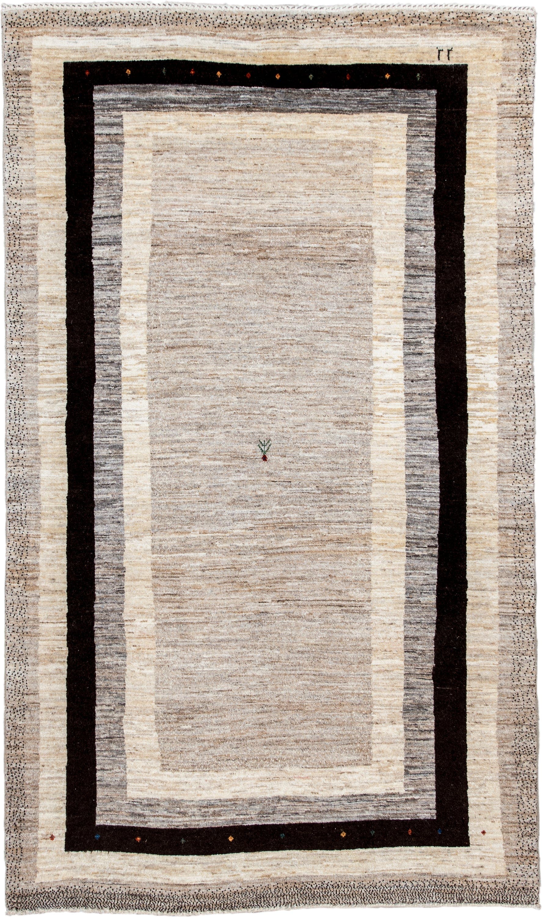 4' x 6' one-of-a-kind handmade vintage Gabbe small size rug. Color palette: ivory, taupe, charcoal, brown, cream, rust, sage