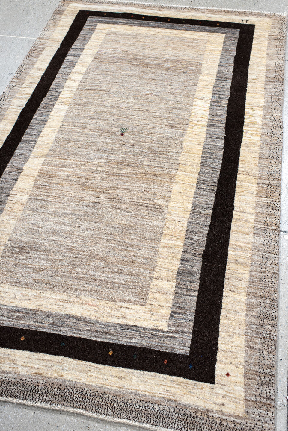 4' x 6' one-of-a-kind handmade vintage Gabbe small size rug. Color palette: ivory, taupe, charcoal, brown, cream, rust, sage