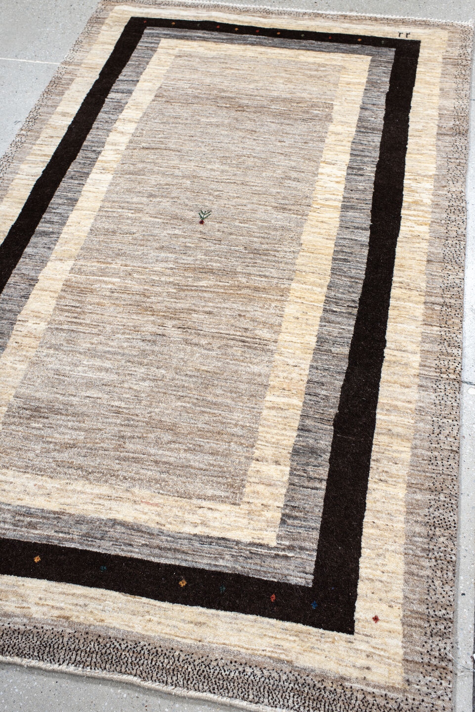 4' x 6' one-of-a-kind handmade vintage Gabbe small size rug. Color palette: black, brown, dim gray, gainsboro, gray