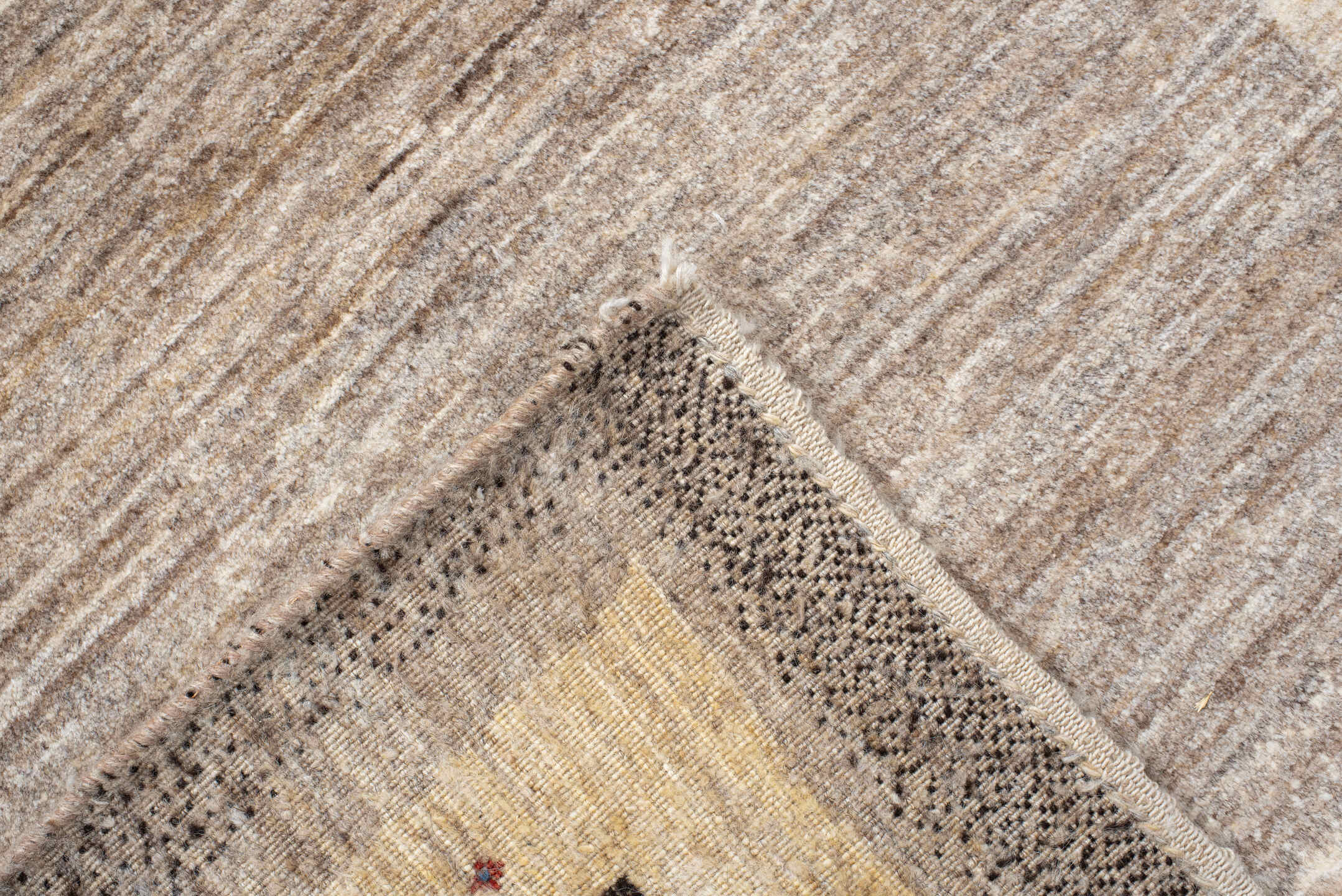 4' x 6' one-of-a-kind handmade vintage Gabbe small size rug. Color palette: ivory, taupe, charcoal, brown, cream, rust, sage