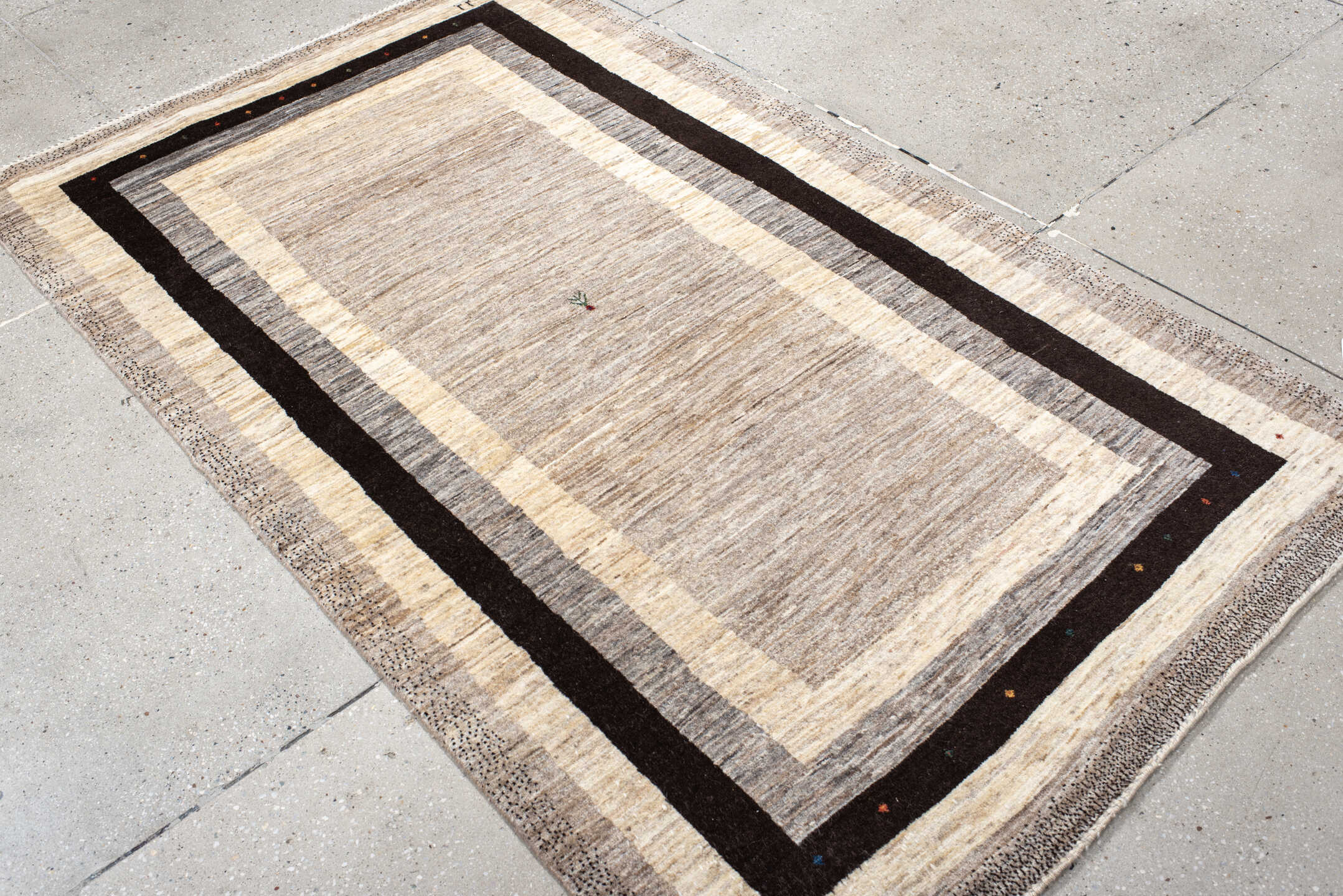 4' x 6' one-of-a-kind handmade vintage Gabbe small size rug. Color palette: black, brown, dim gray, gainsboro, gray
