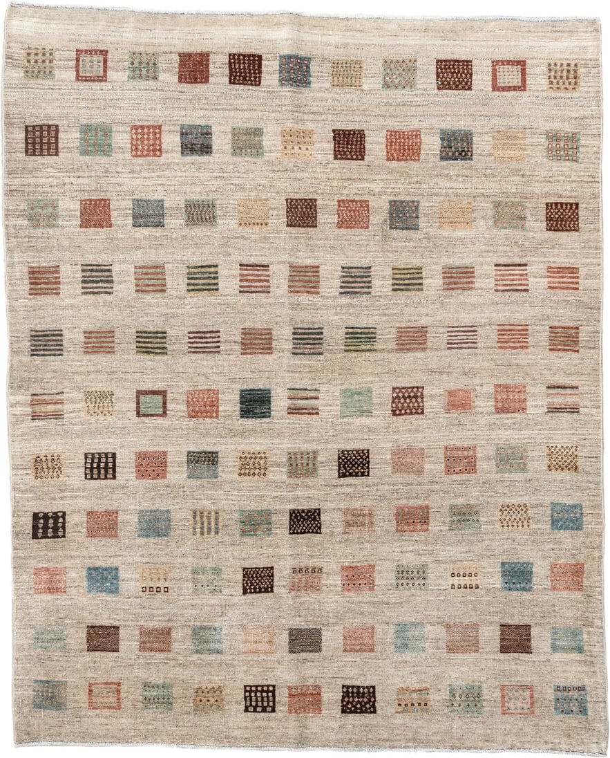 5' x 6' one-of-a-kind handmade vintage Gabbe rug. Color palette: ivory, beige, rust, teal, sage, charcoal, ochre, dark brown