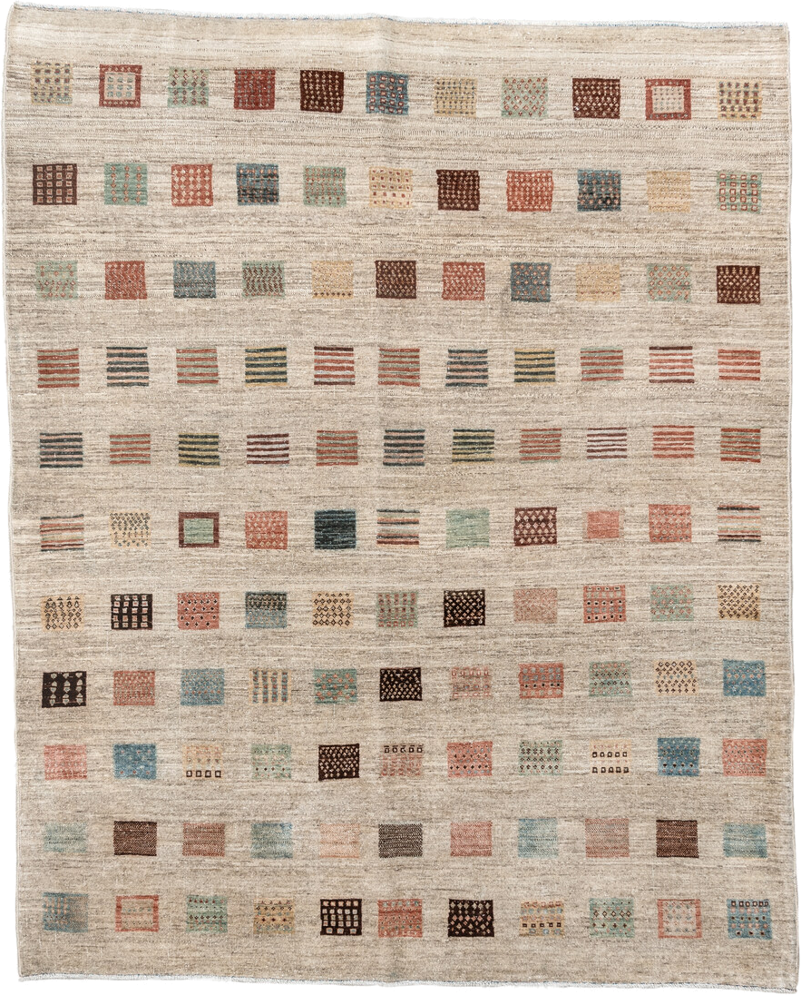 5' x 6' one-of-a-kind handmade vintage Gabbe rug. Color palette: ivory, beige, rust, teal, brown, sand, camel, sage