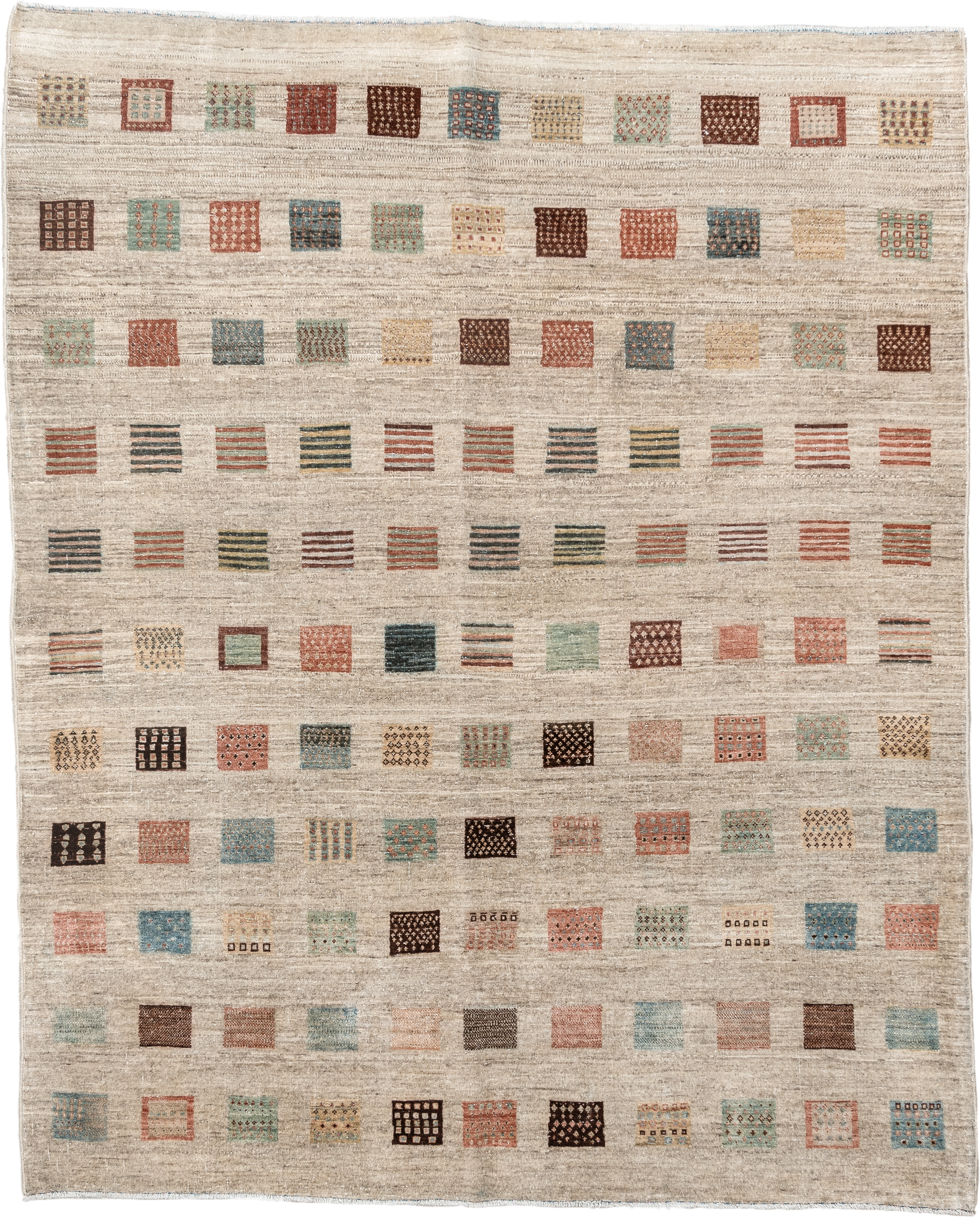 5' x 6' one-of-a-kind handmade vintage Gabbe rug. Color palette: ivory, beige, rust, teal, brown, sand, camel, sage