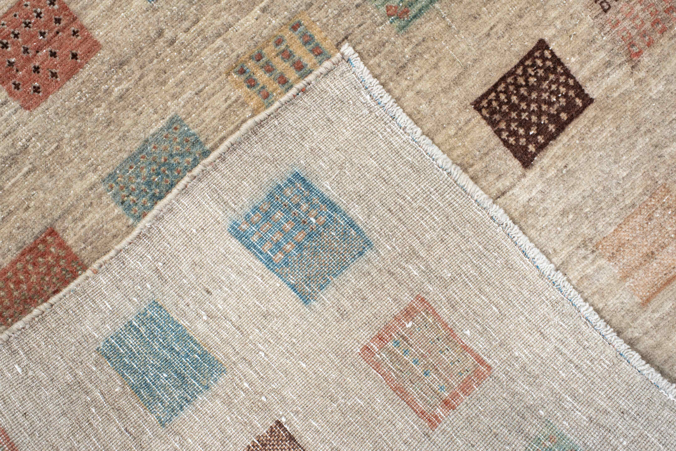 5' x 6' one-of-a-kind handmade vintage Gabbe rug. Color palette: antiquewhite, black, brown, gray, light gray, off-white