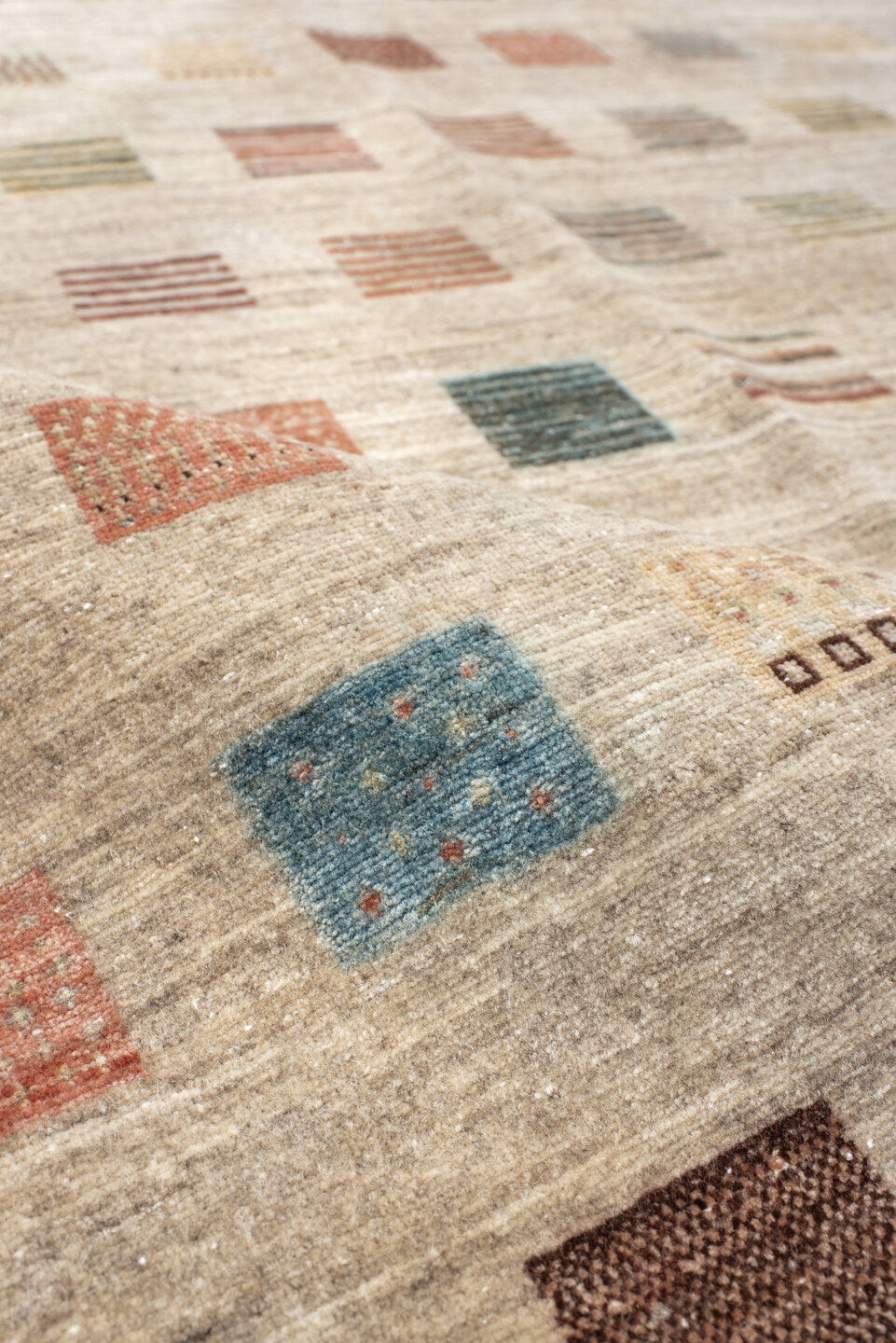5' x 6' one-of-a-kind handmade vintage Gabbe rug. Color palette: antiquewhite, black, brown, gray, light gray, off-white