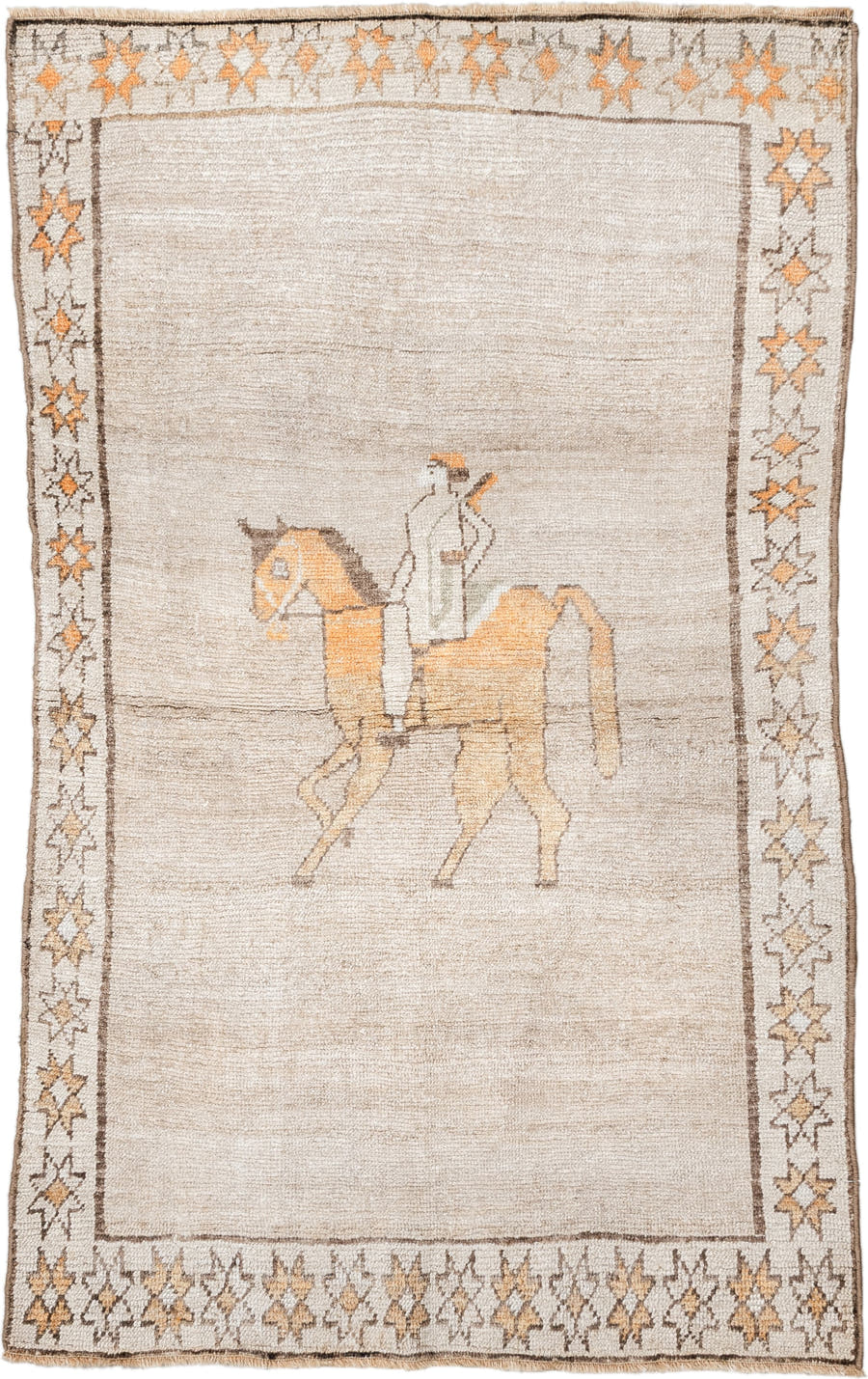 3' x 5' one-of-a-kind handmade vintage Gabbe small size rug. Color palette: ivory, camel, taupe, peach, brown, beige, gray
