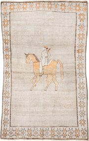 3' x 5' one-of-a-kind handmade vintage Gabbe small size rug. Color palette: ivory, camel, taupe, peach, brown, beige, gray