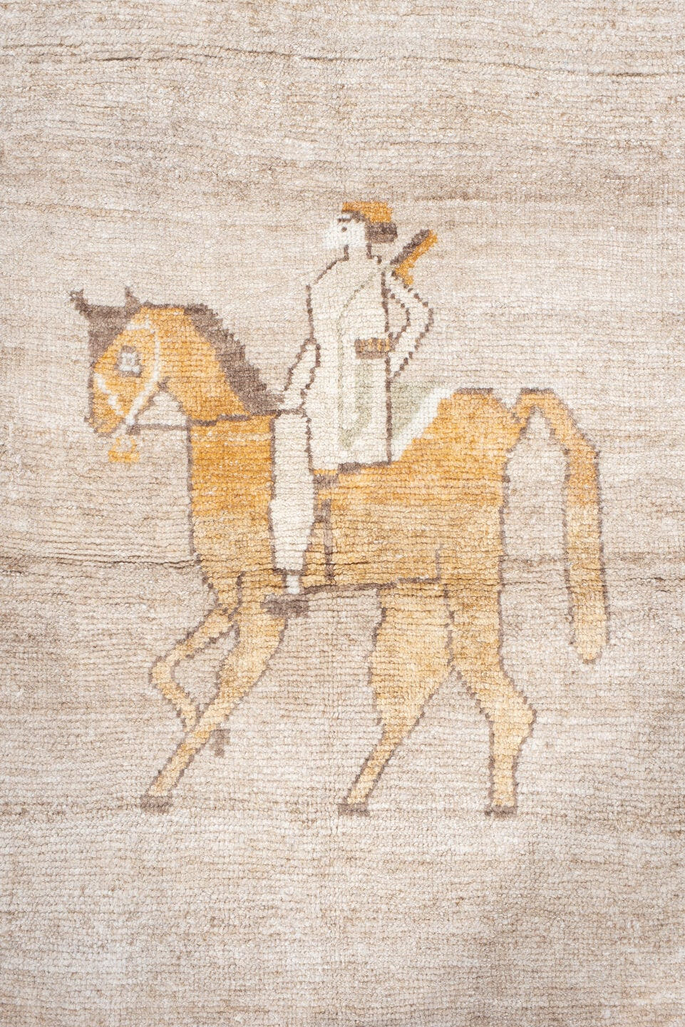 3' x 5' one-of-a-kind handmade vintage Gabbe small size rug. Color palette: ivory, camel, taupe, peach, brown, beige, gray