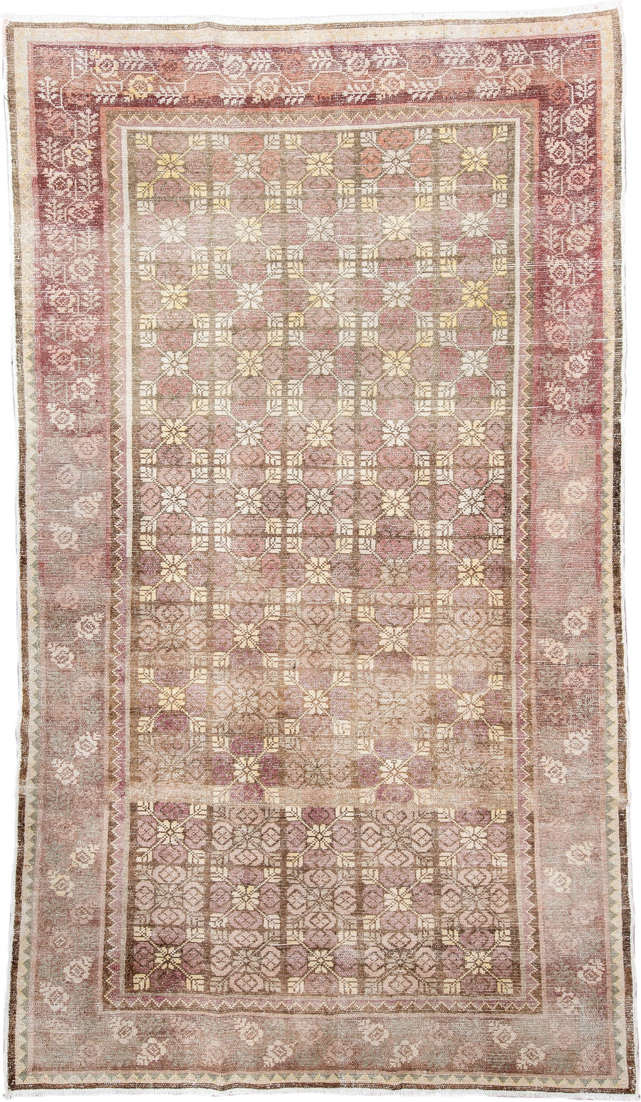 6' x 11' one-of-a-kind handmade antique European large size rug. Color palette: rose, ivory, taupe, dusty pink, beige