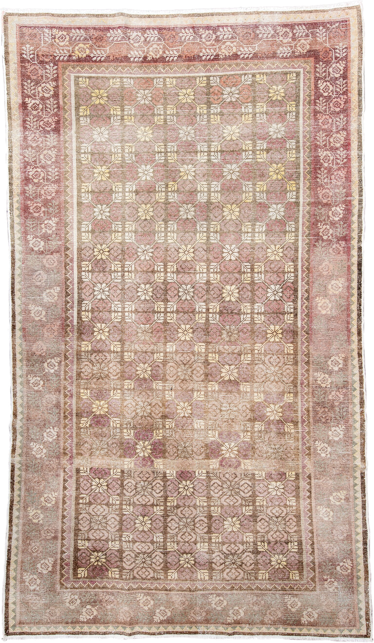 6' x 11' one-of-a-kind handmade antique European large size rug. Color palette: rose, ivory, taupe, dusty pink, beige