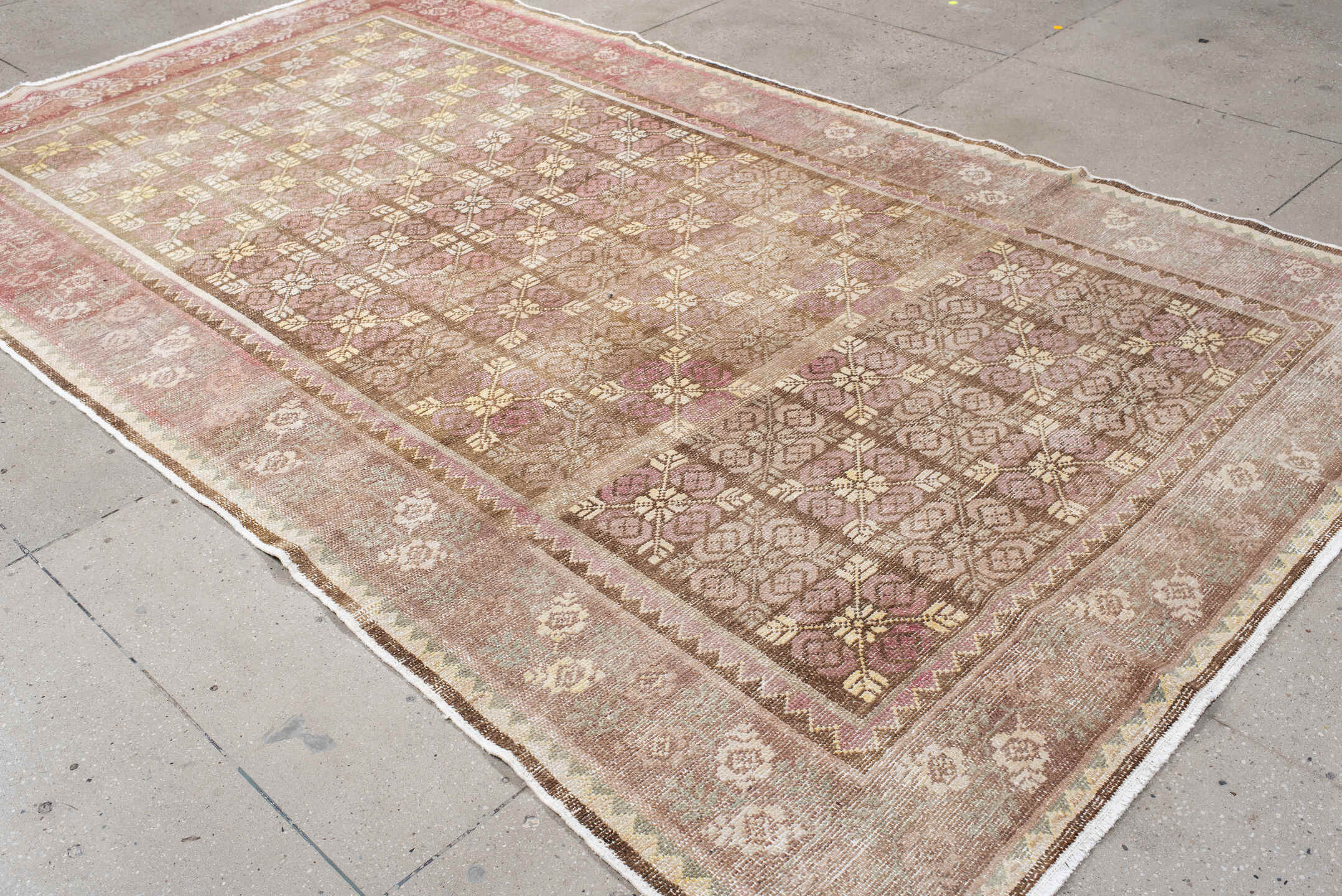 6' x 11' one-of-a-kind handmade vintage European large size rug. Color palette: brown, red, off-white, pink, gray, orange
