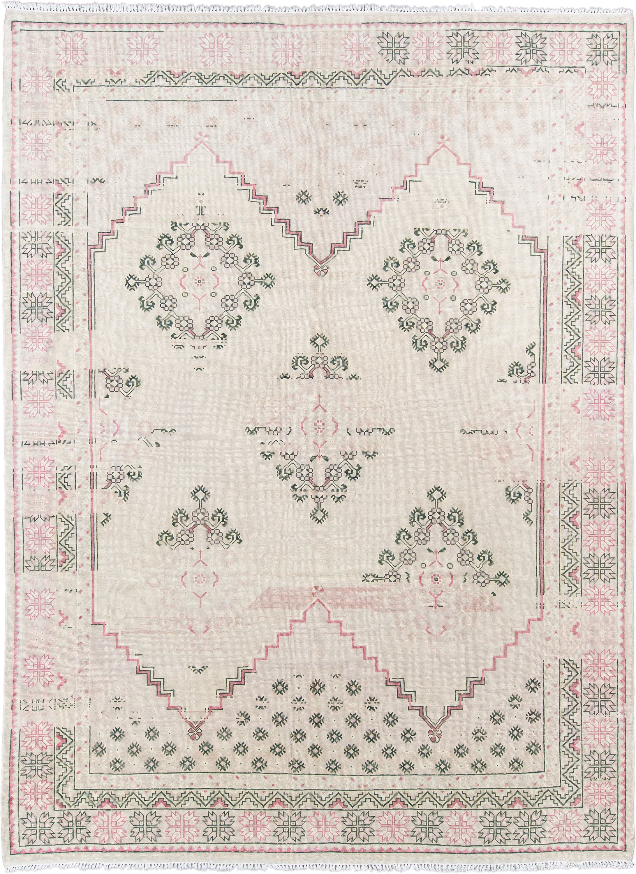 8' x 11' one-of-a-kind handmade antique Sivas large size rug. Color palette: ivory, blush, sage, cream, taupe, pink, green