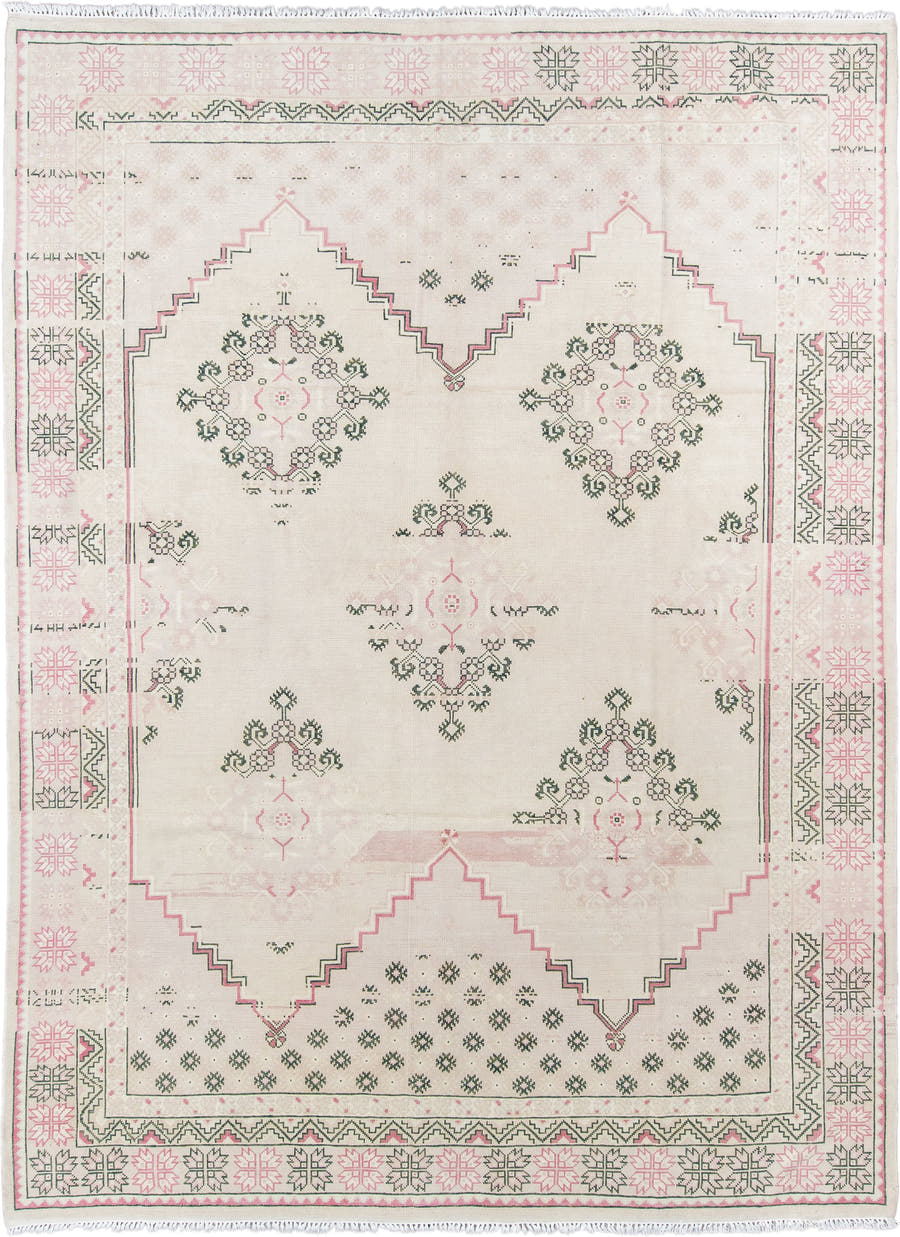 8' x 11' one-of-a-kind handmade antique Sivas large size rug. Color palette: ivory, blush, sage, cream, taupe, pink, green