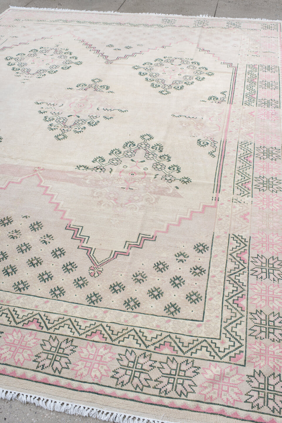 8' x 11' one-of-a-kind handmade antique Sivas large size rug. Color palette: ivory, blush, sage, cream, taupe, pink, green