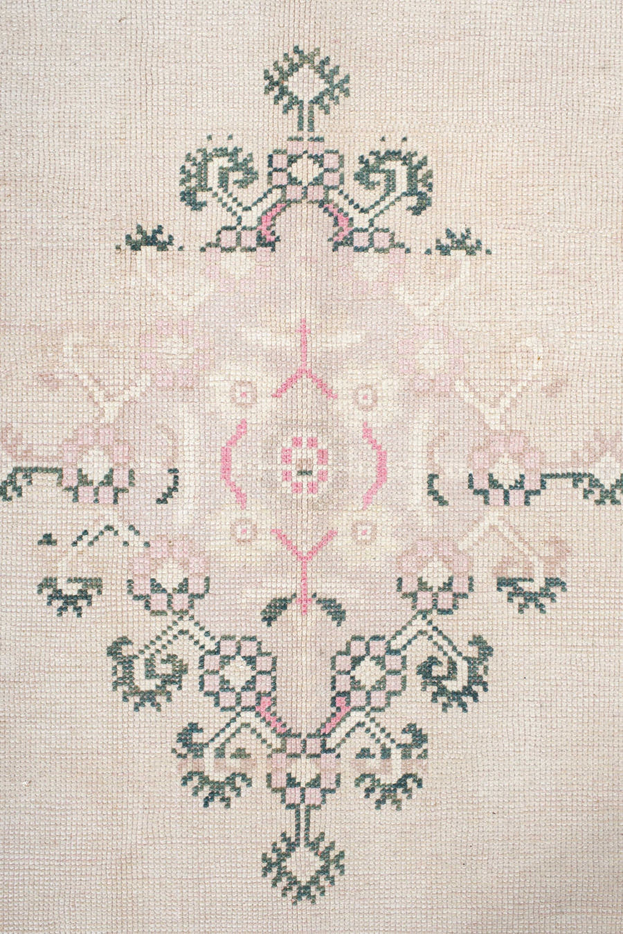 8' x 11' one-of-a-kind handmade antique Sivas large size rug. Color palette: ivory, blush, sage, cream, taupe, pink, green