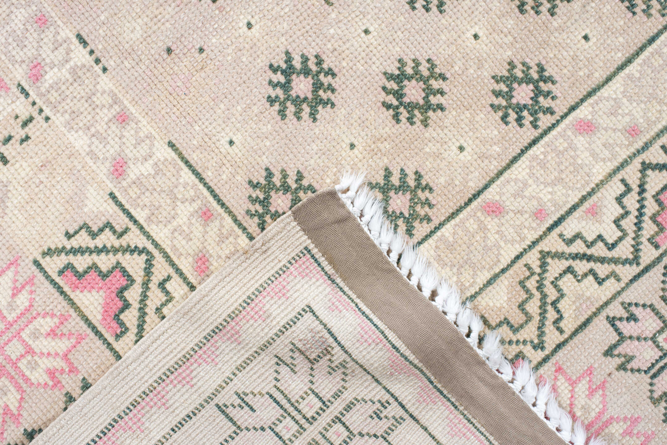 8' x 11' one-of-a-kind handmade antique Sivas large size rug. Color palette: ivory, blush, sage, cream, taupe, pink, green