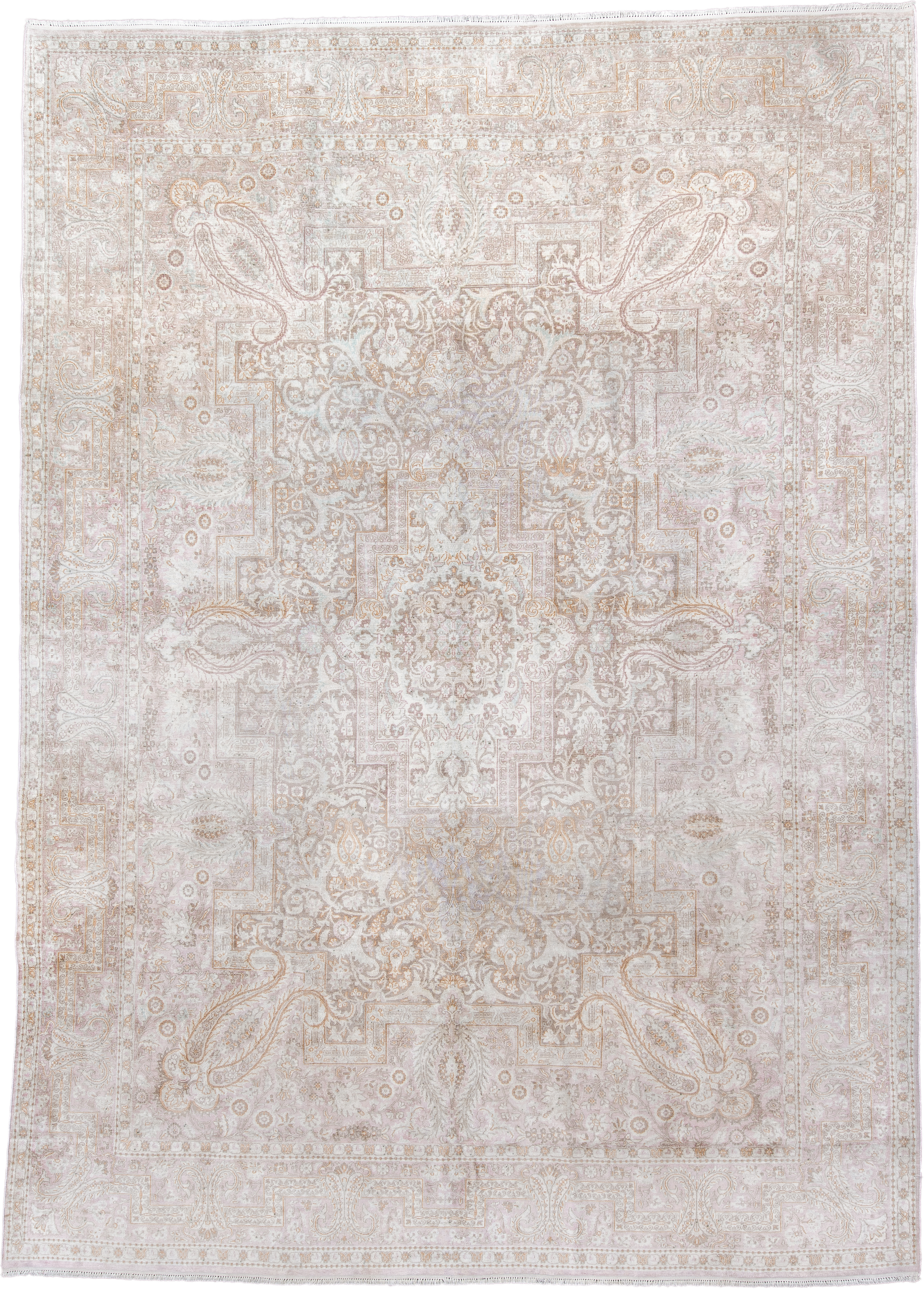 7' x 11' one-of-a-kind handmade antique Kashmir large size rug. Color palette: ivory, blush, taupe, beige, camel, pale gold