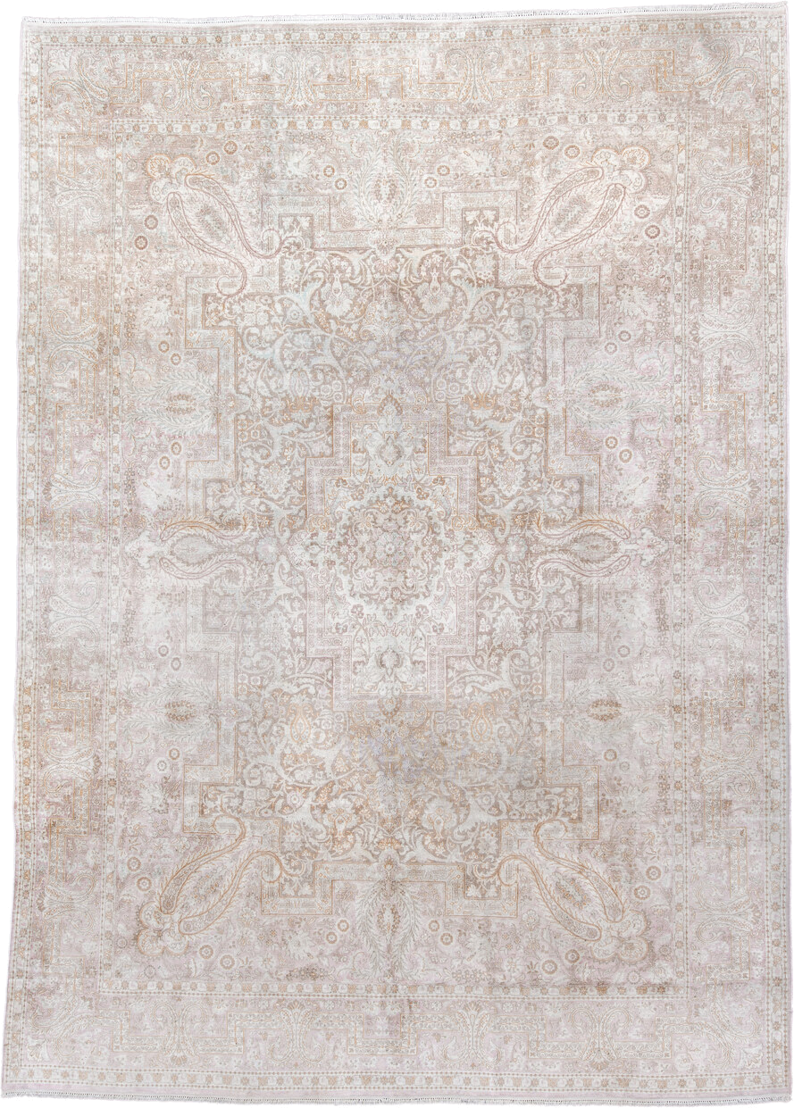 7' x 11' one-of-a-kind handmade antique Kashmir large size rug. Color palette: ivory, blush, taupe, beige, camel, pale gold