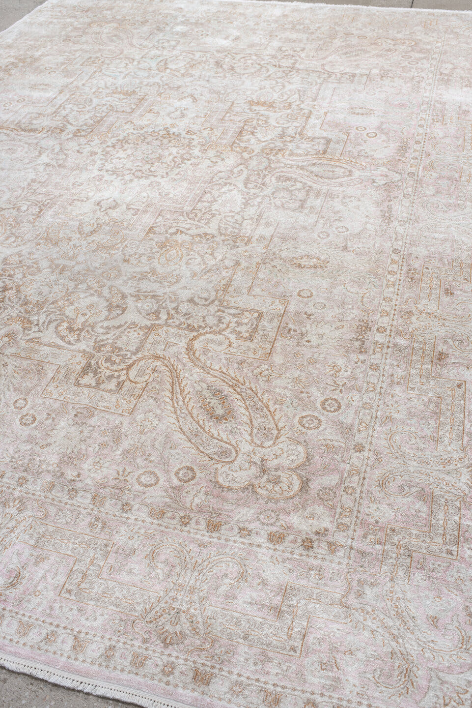 7' x 11' one-of-a-kind handmade antique Kashmir large size rug. Color palette: ivory, blush, taupe, beige, camel, pale gold
