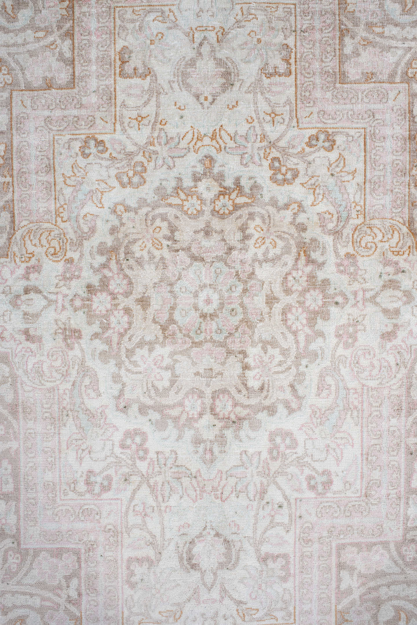 7' x 11' one-of-a-kind handmade antique Kashmir large size rug. Color palette: ivory, blush, taupe, beige, camel, pale gold