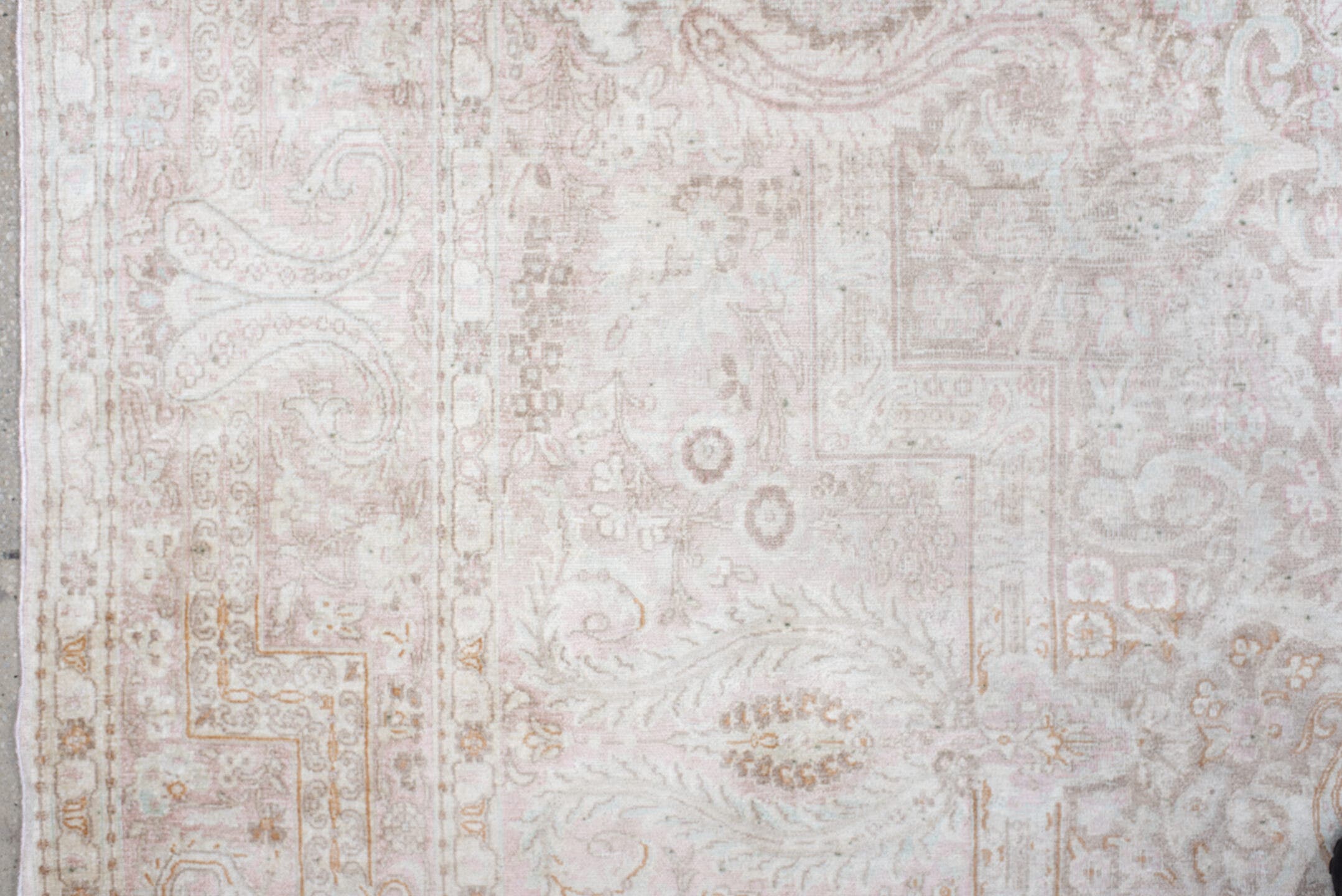 7' x 11' one-of-a-kind handmade antique Kashmir large size rug. Color palette: ivory, blush, taupe, beige, camel, pale gold