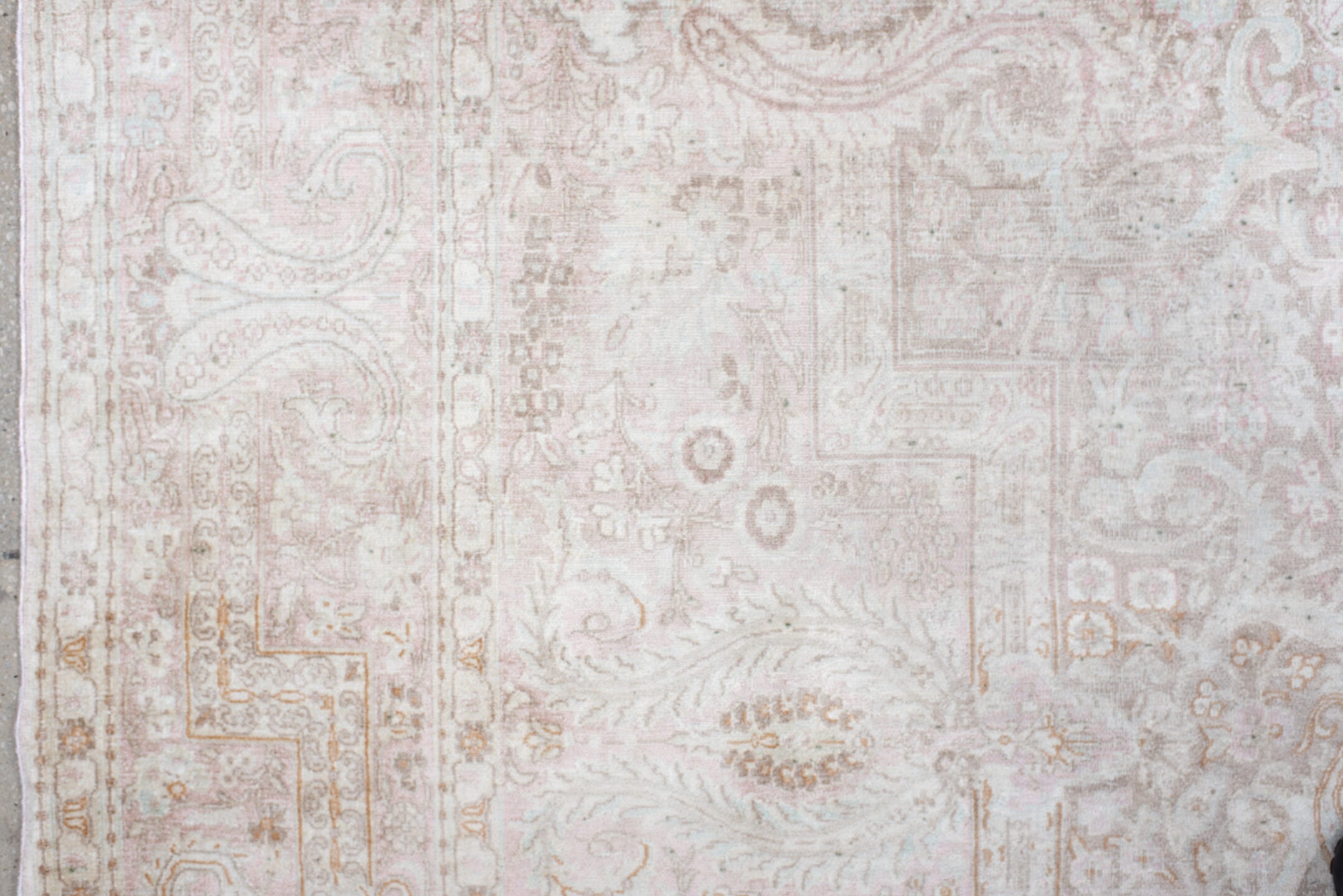 7' x 11' one-of-a-kind handmade antique Kashmir large size rug. Color palette: ivory, blush, taupe, beige, camel, pale gold