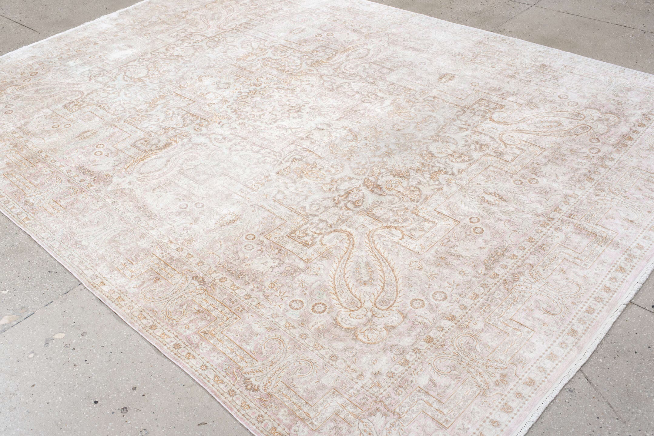 7' x 11' one-of-a-kind handmade antique Kashmir large size rug. Color palette: ivory, blush, taupe, beige, camel, pale gold
