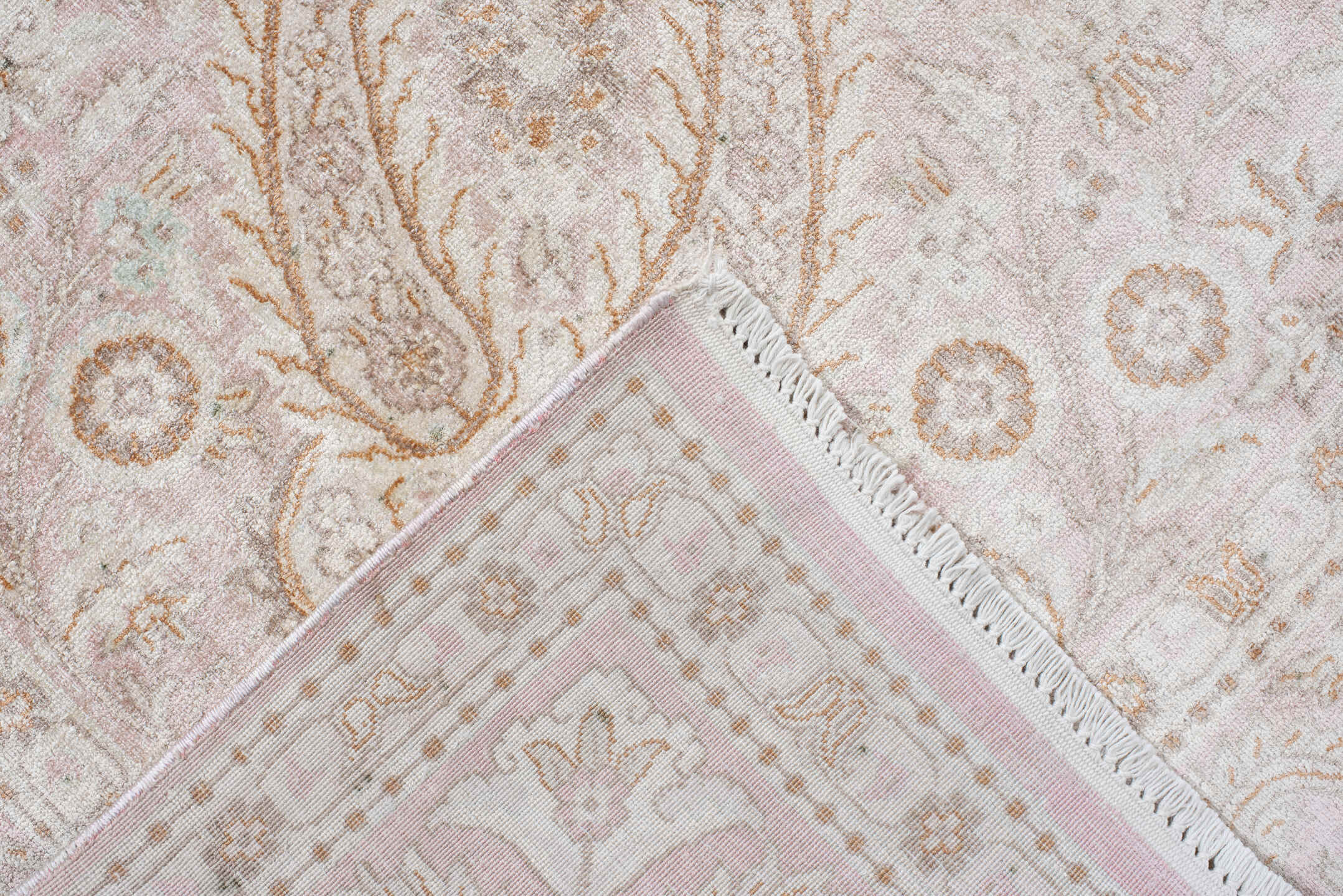 7' x 11' one-of-a-kind handmade antique Kashmir large size rug. Color palette: ivory, blush, taupe, beige, camel, pale gold