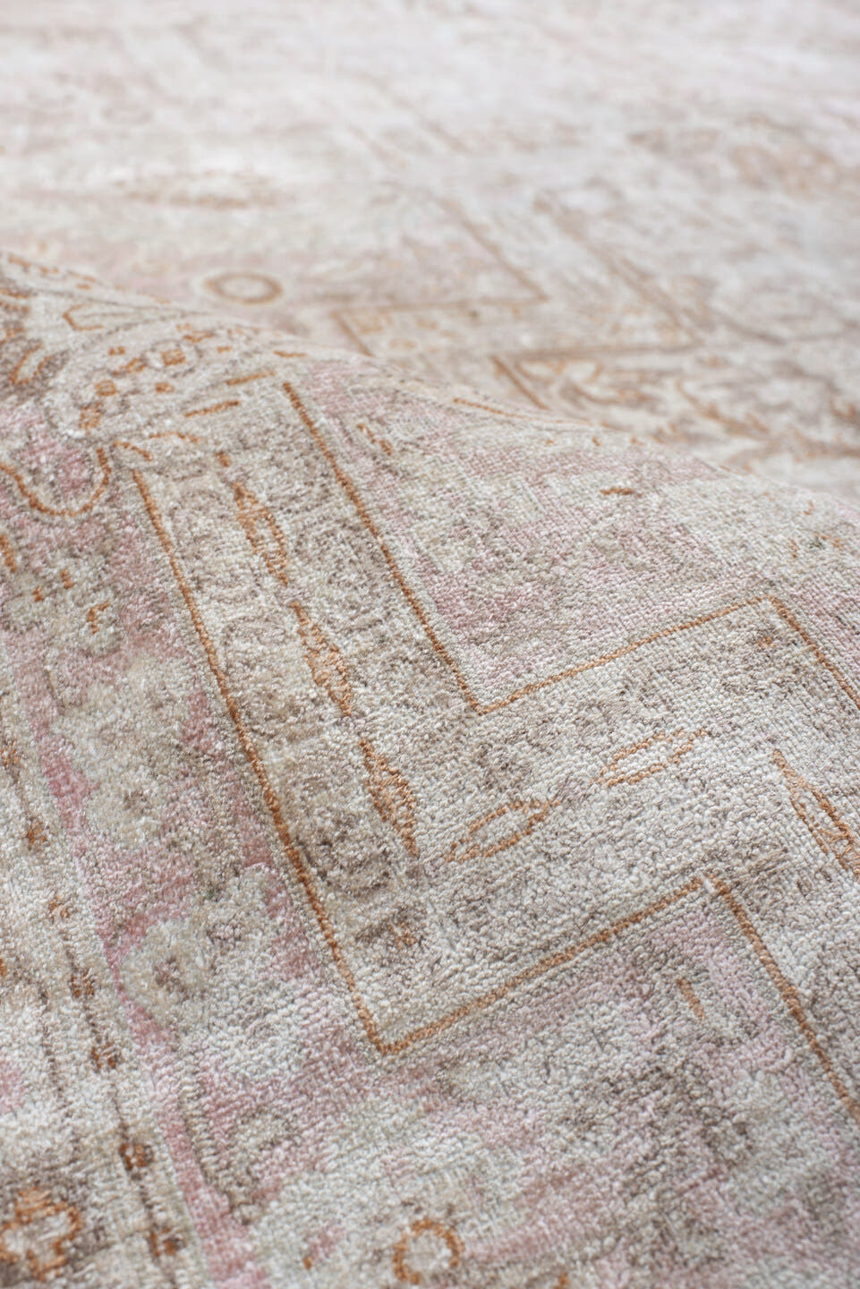 7' x 11' one-of-a-kind handmade antique Kashmir large size rug. Color palette: ivory, blush, taupe, beige, camel, pale gold